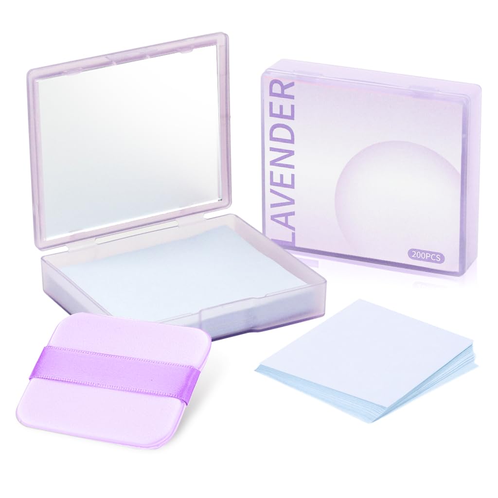 MAYCREATE® Oil Absorbing Blotting Papers for Oily Skin - 200 Count Natural Linen Facial Blotting Sheets with Built-in Mirror & Powder Puff | Matte Finish Makeup | On-the-Go Shine Control (Lavender Scented) - Perfect for Gym, Office & Travel Touch-Ups