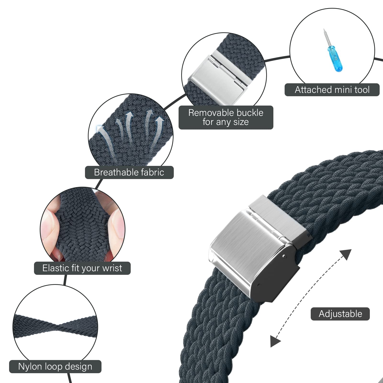 Braided Nylon Apple Watch Bands for Women & Men - Compatible with Apple Watch Series 9/8/7/6/5/4/3/2/SE, Ultra/Ultra 2 (38mm/40mm/41mm/42mm/44mm/45mm/49mm) - Adjustable, Breathable Replacement Strap for Workout, Running & Everyday Wear