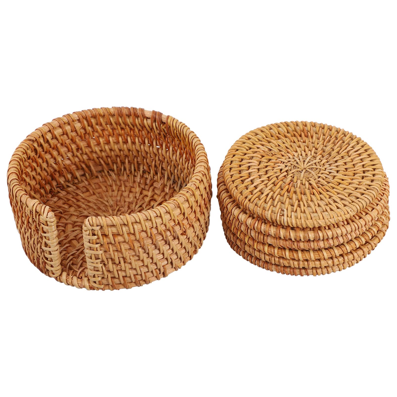 6-Piece Handwoven Rattan Coaster Set with Holder - Natural Tea Cup Mats, Insulated Pot Pads for Dining Table & Kitchen - Perfect for Hot Drinks, Dinner Parties, and Home Decor