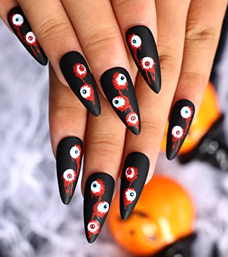Morily 24Pcs Black Press on Nails - Medium Length Halloween Stiletto Fake Nails with Scary Eyes Design - Acrylic Matte Stick on Nails - Artificial Almond False Nails for Women Manicure - Perfect for Halloween Parties, Cosplay & Gothic Fashion