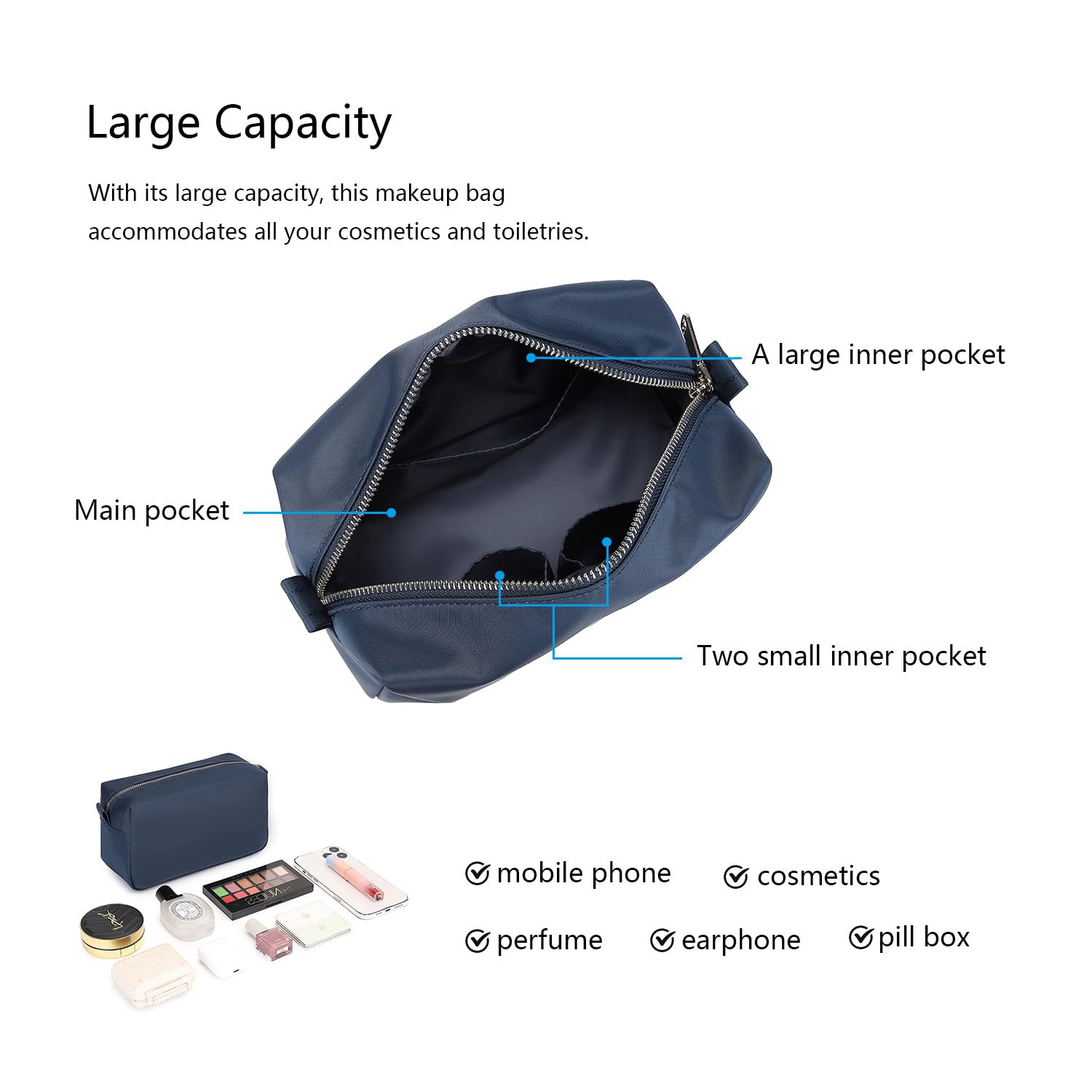Lightweight Nylon Cosmetic Organizer Bag with Ring Clasp - Stand Up Travel Makeup Pouch for Women (Navy Blue) | Perfect for Airplane Carry-on, Gym Essentials & Daily Beauty Storage
