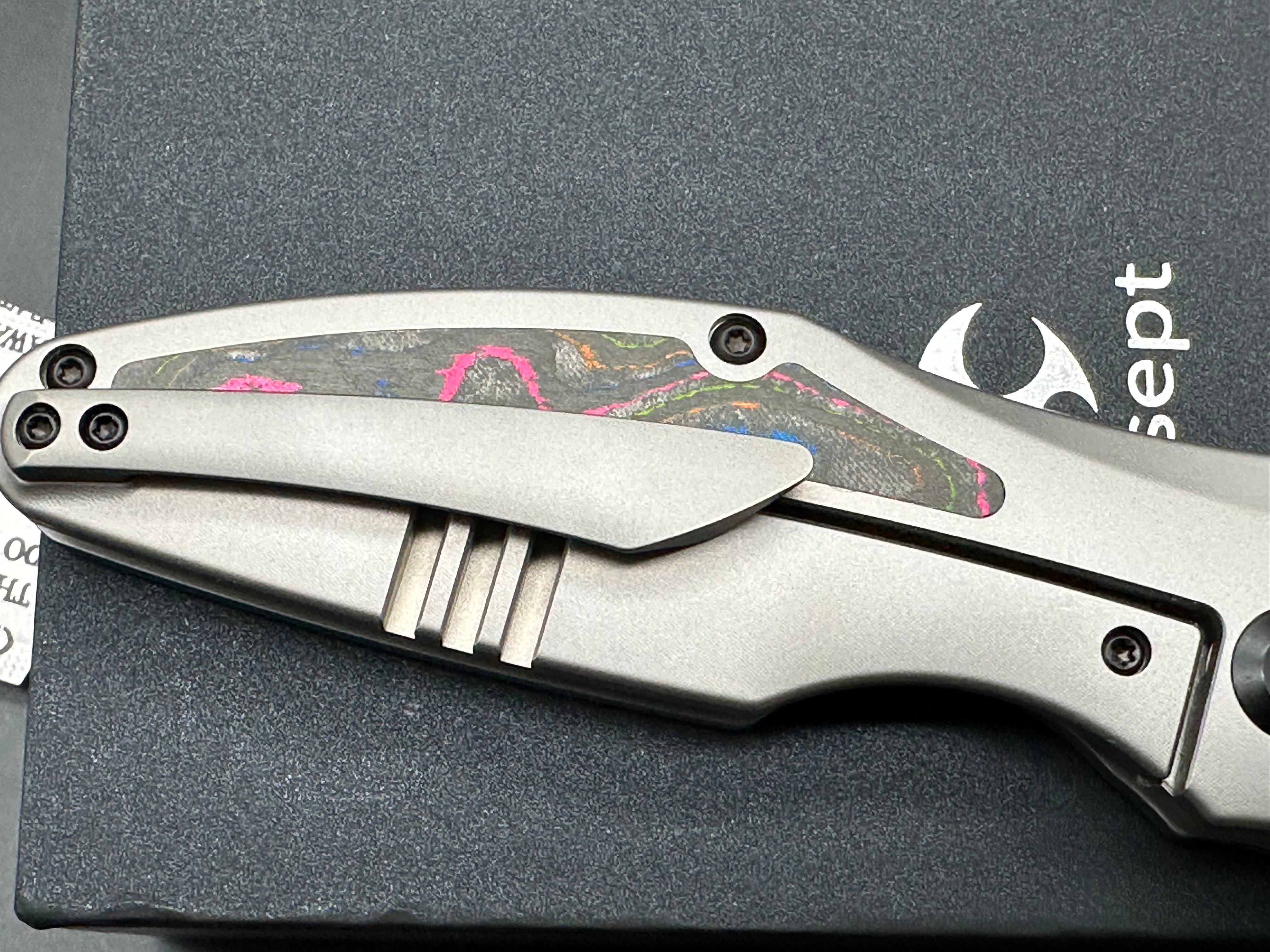 KANSEPT BABA YAGA Folding Pocket Knife - Titanium Handle with 80s Camo Carbon Fiber Inlay, 20CV Steel Plain Edge Blade - EDC, Camping, Outdoor Survival Gear