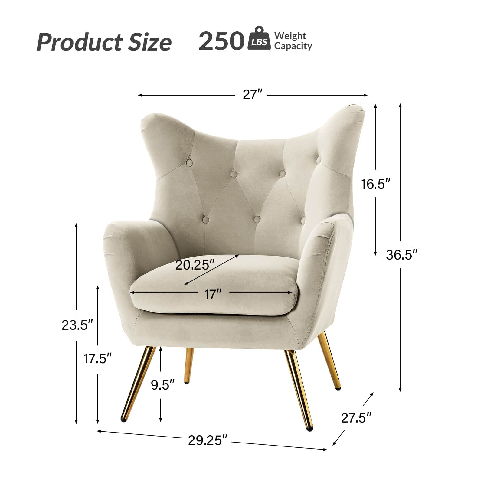 Luxury Isabelle Wingback Velvet Upholstered Armchair - High Back Accent Chair with Sturdy Metal Legs for Living Room, Bedroom & Office Decor