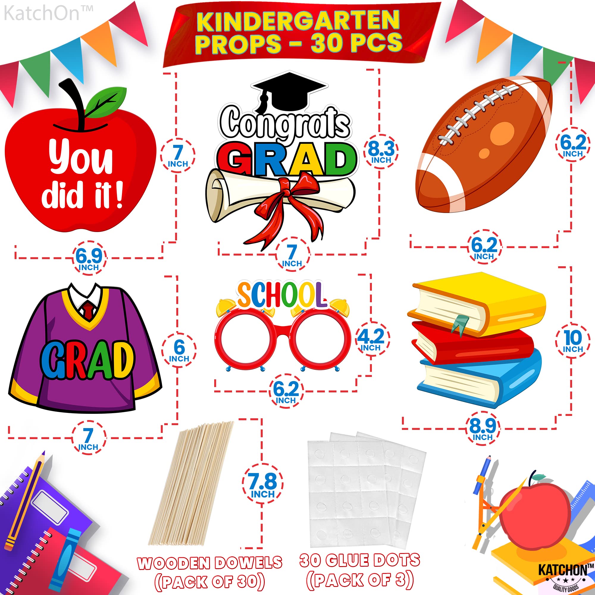 KatchOn 30-Piece Kindergarten Graduation Photo Booth Props Set - Preschool Graduation Decorations Class of 2025 - Perfect for School Parties, Classroom Celebrations & Graduation Photo Backdrops