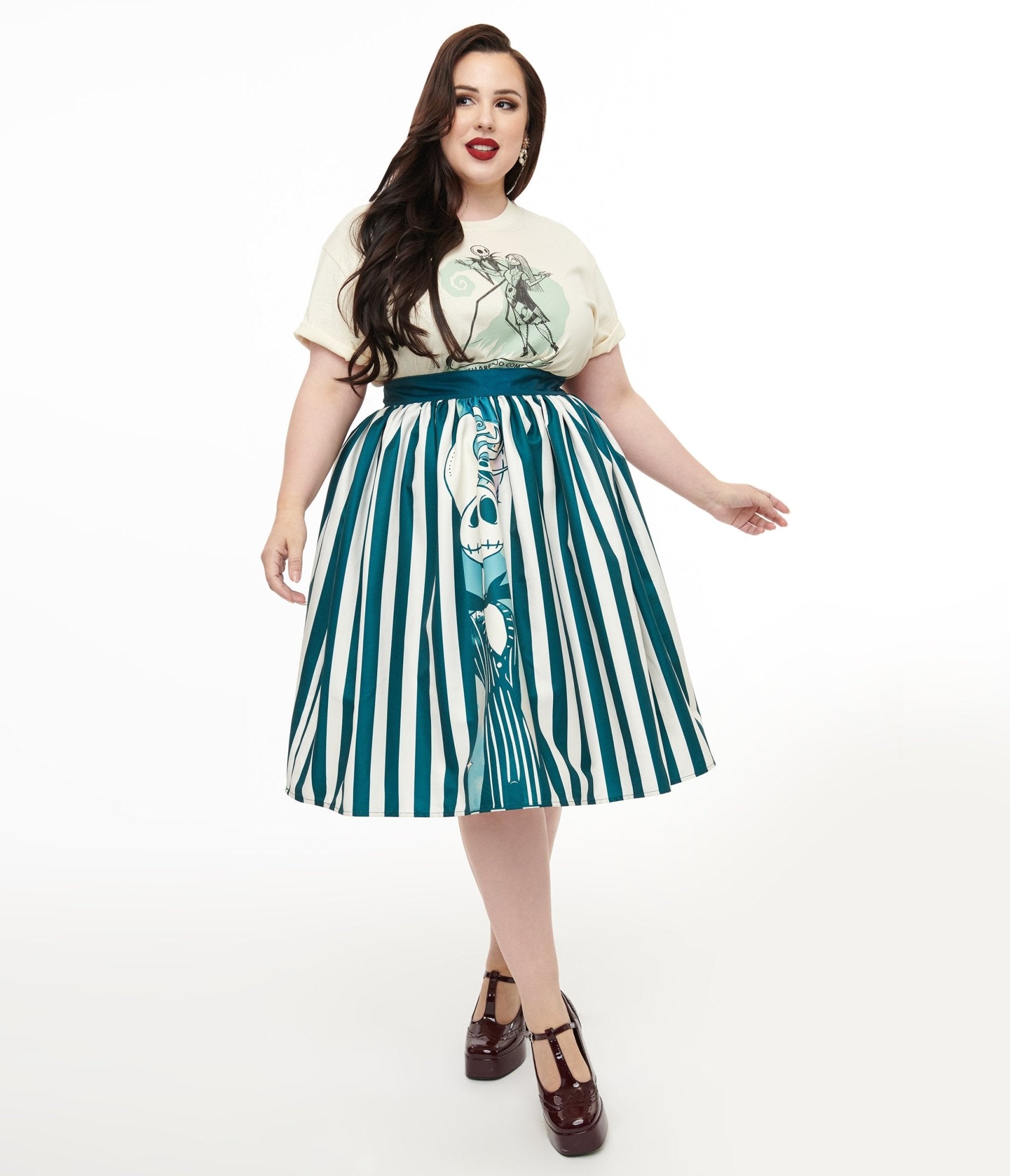 Unique Vintage Plus Size Teal & White Striped Jack Skellington Swing Skirt - The Nightmare Before Christmas Inspired Outfit for Halloween & Cosplay