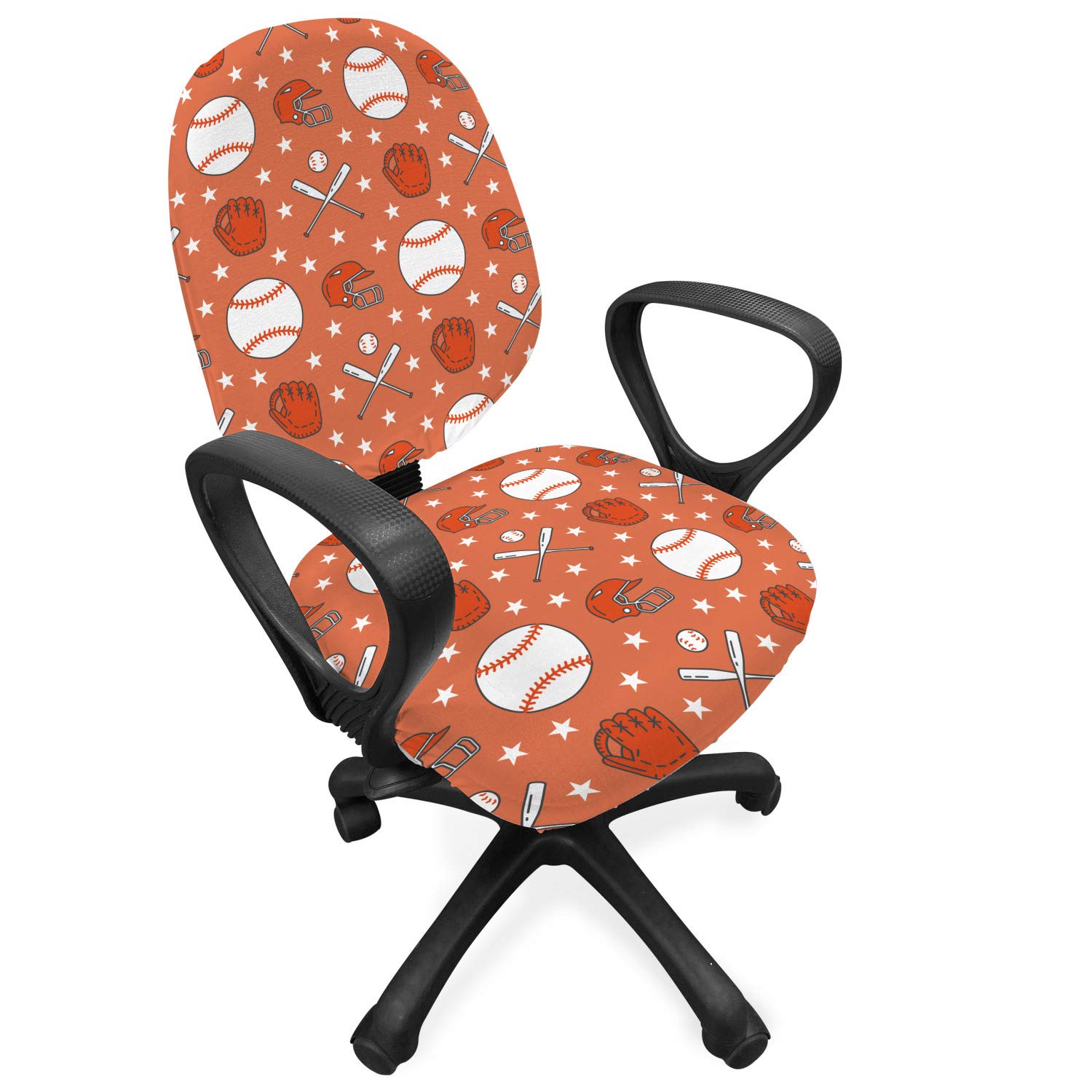 Lunarable Baseball Office Chair Slipcover - Softball Sport Game Design with Balls, Gloves & Bats for Professional Players - Stretchable Protective Fabric Cover in Orange & White - Perfect for Sports Fans, Game Rooms & Office Decor