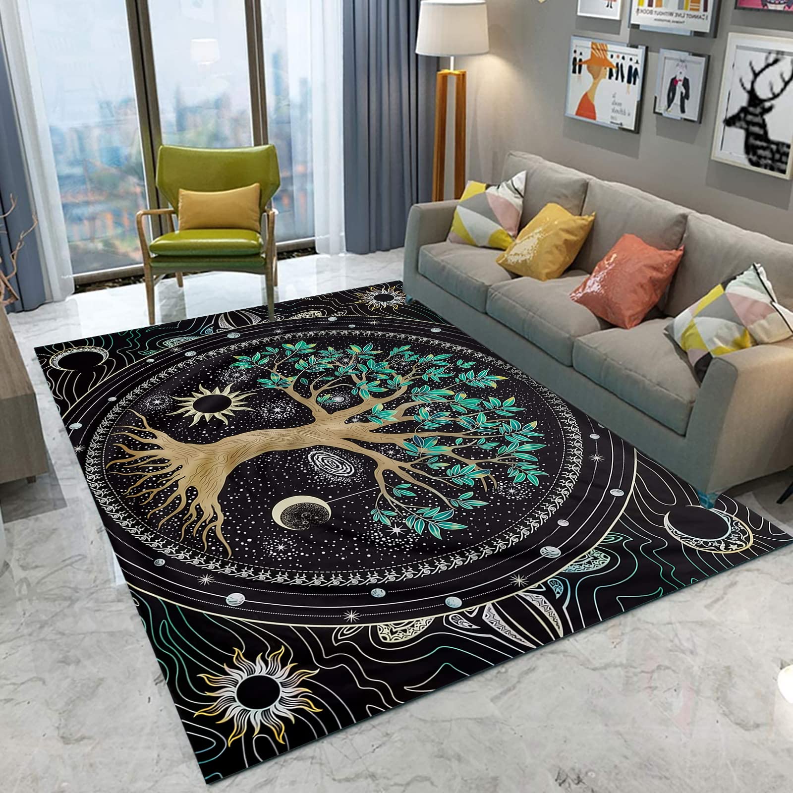 LGGQQW Psychedelic Tree of Life Area Rug with Sun Moon Design - Mysterious Bohemian Style Rug for Living Room, Bedroom & Meditation Space Decor