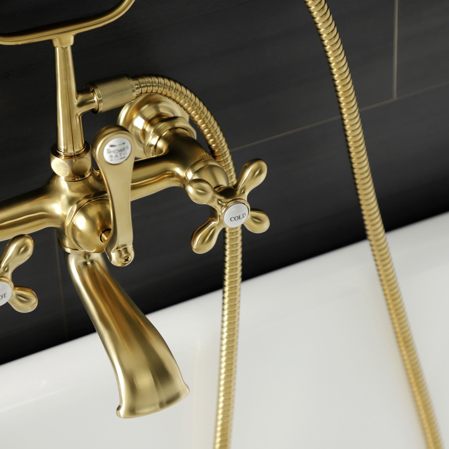 Vintage Clawfoot Tub Faucet with Hand Shower - 3 Handle Wall Mount Brushed Brass Bathroom Fixture for Antique & Classic Bathrooms