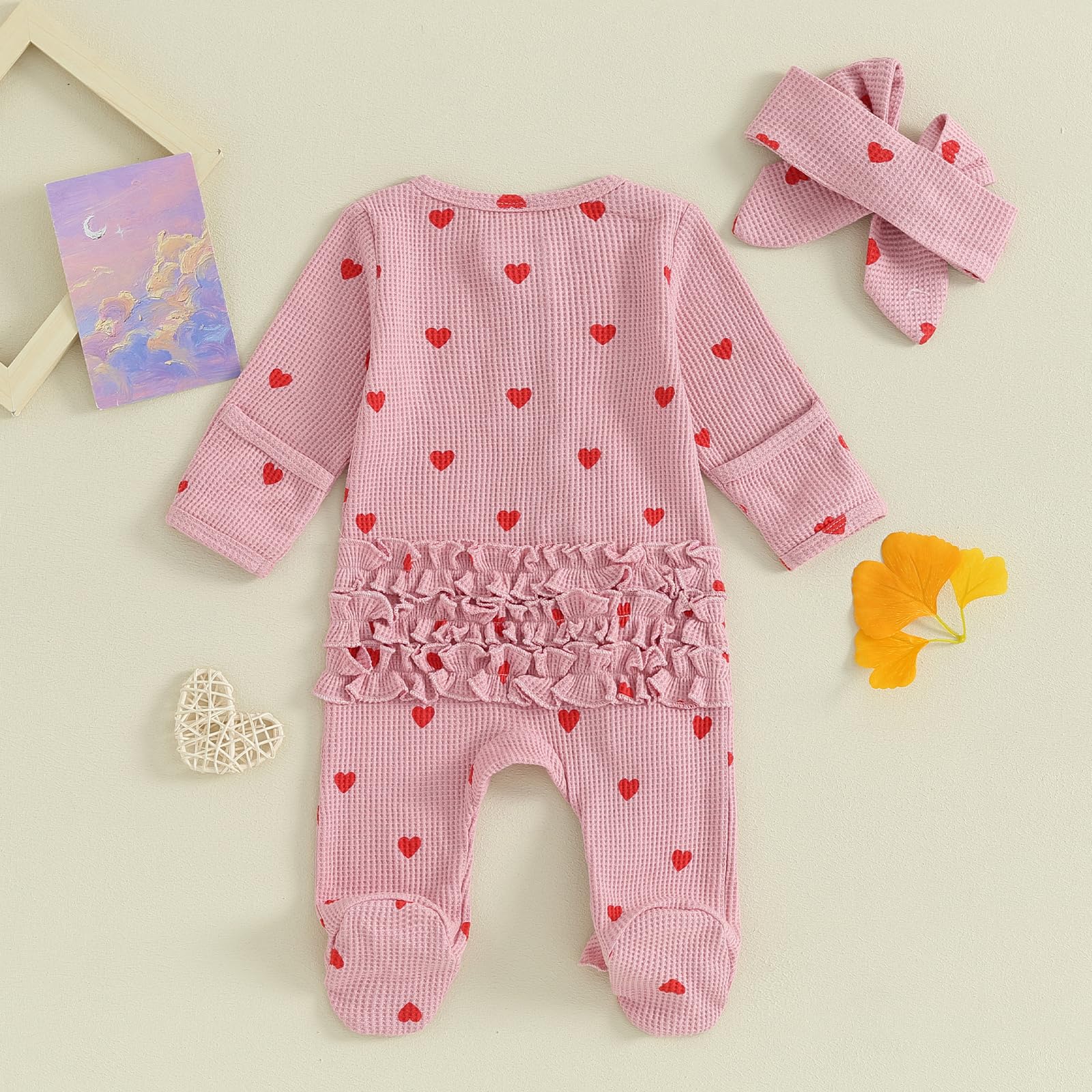 Valentine's Day Baby Girl Outfit - Heart Ruffle Long Sleeve Footie Romper & Headband Set | Newborn Photoshoot, Holiday Party, Family Gathering