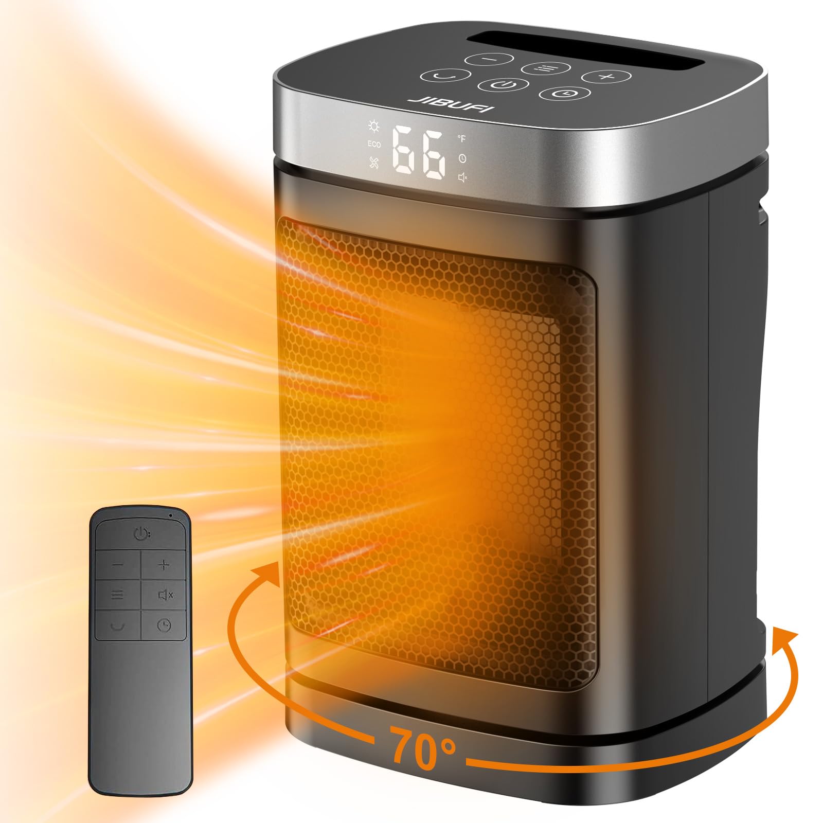 JIBUFI 1500W PTC Portable Space Heater with Remote Control - 70° Rotating Oscillation, Fast Safe Heating, 1-12 Hour Timer for Bedroom, Office & Indoor Use | Perfect for Winter Home, Workspace & Small Room Heating