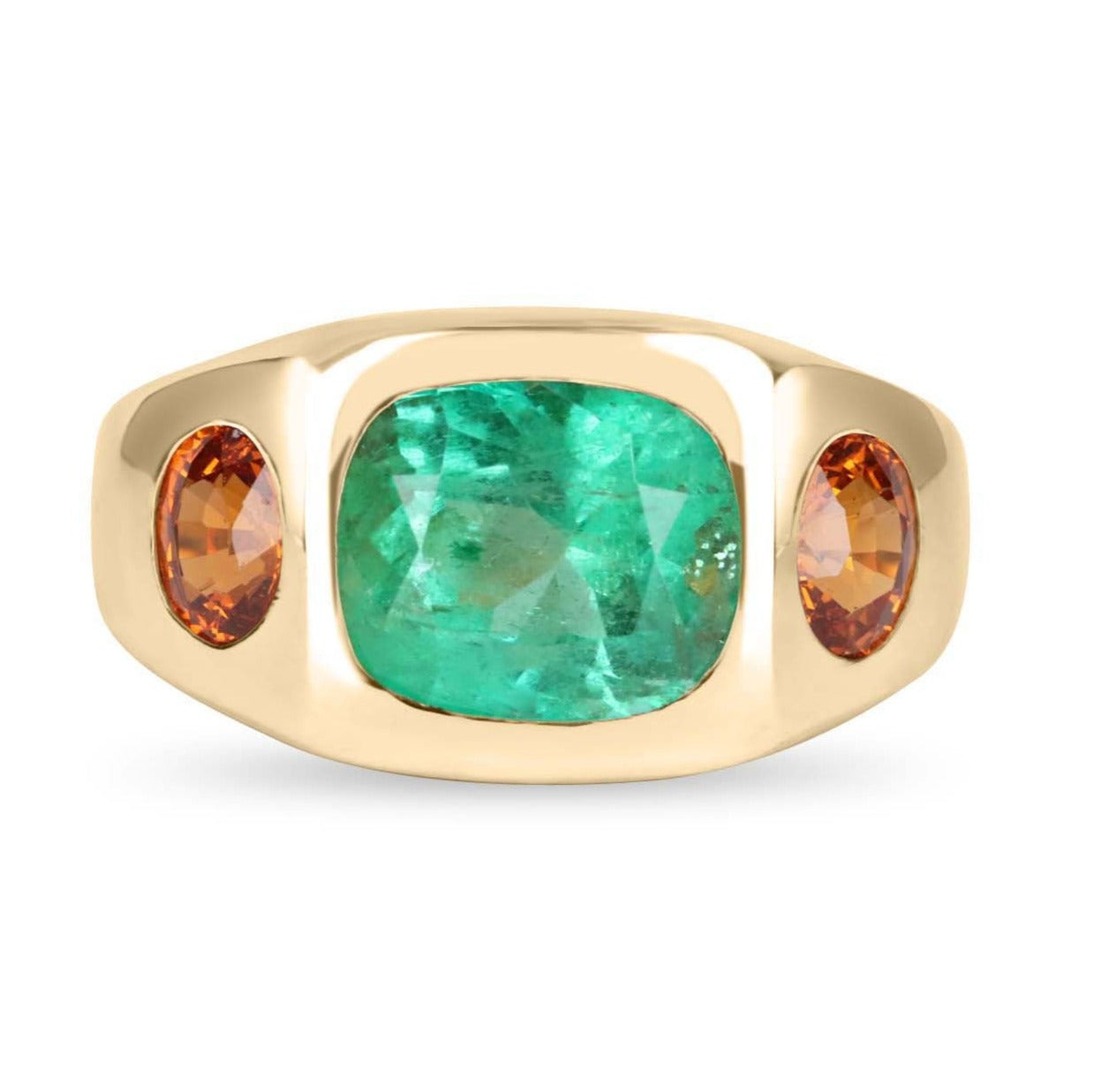 7.05tcw 14K Gold Three Stone Cushion Cut Emerald & Oval Orange Sapphire Gypsy Ring for Women – Elegant Vintage Jewelry for Engagement, Wedding & Special Occasions