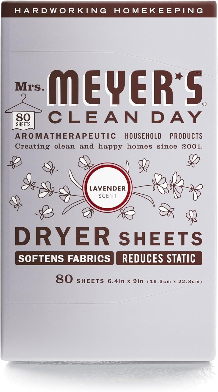 Mrs. Meyer's Lavender Scented Dryer Sheets - 80 Count (Pack of 5) | Natural Fabric Softener for Laundry | Perfect for Softening Clothes & Reducing Static in Dryer - Fresh Lavender Fragrance for Bedding, Towels & Everyday Wear