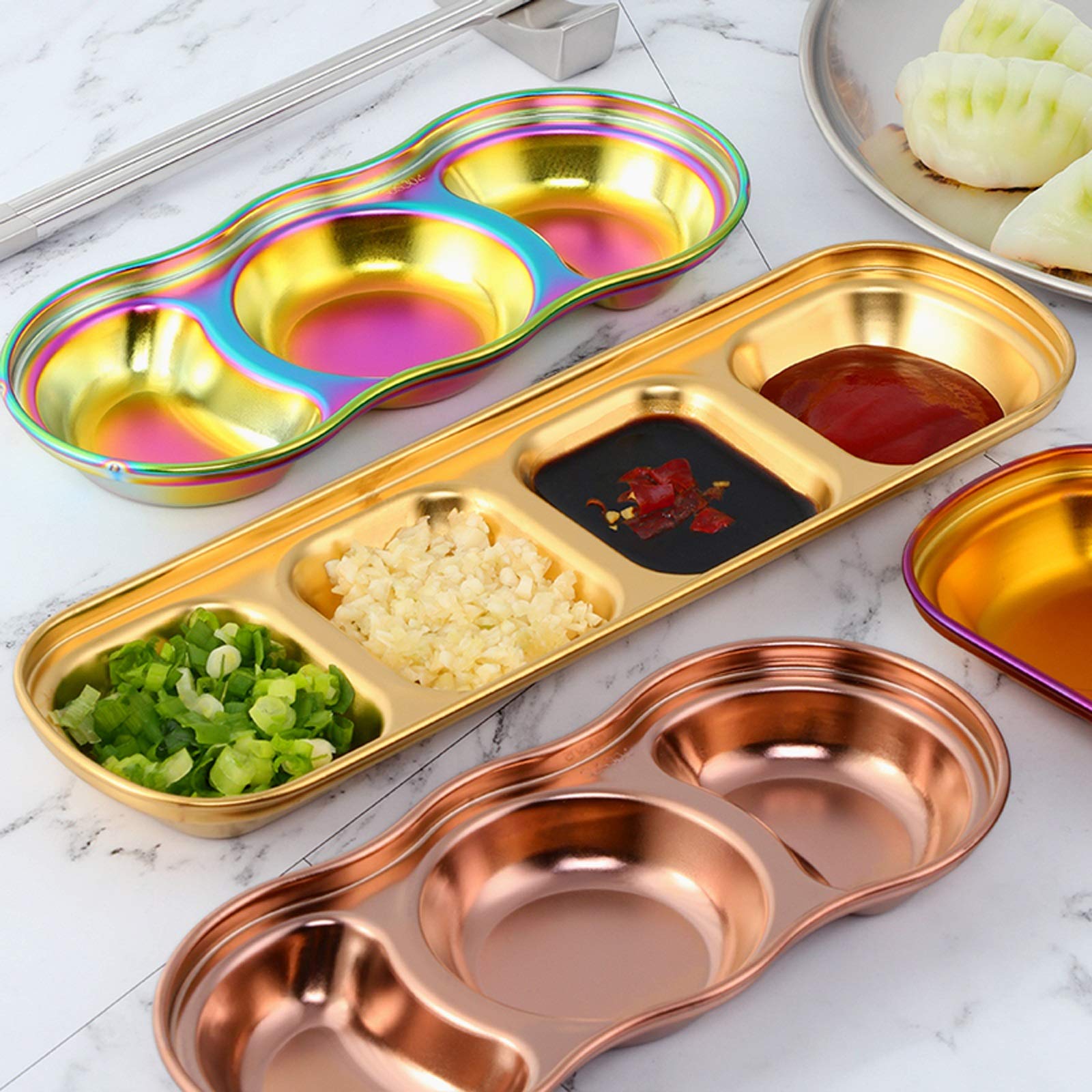 304 Stainless Steel 4-Compartment Sauce Dipping Bowls - Durable Condiment Serving Dishes for Appetizers, Fruits, Snacks & Soy Sauce - Perfect for Parties, BBQs, Sushi & Asian Cuisine
