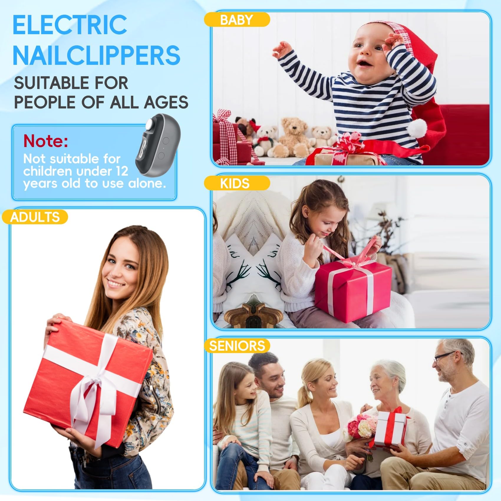 Electric Nail Clipper for Adults & Kids - 3-in-1 Rechargeable Nail Trimmer with LED Light, 2 Speed Settings & Storage Case | USB Charging | Perfect for Baby, Toddler, Senior & Manicure Care at Home or Travel