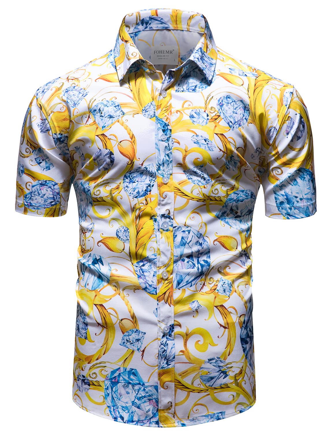 Luxury Men's Black & Gold Baroque Print Short Sleeve Dress Shirt - Chain Design Button Down Casual Shirt for Business, Party & Special Occasions
