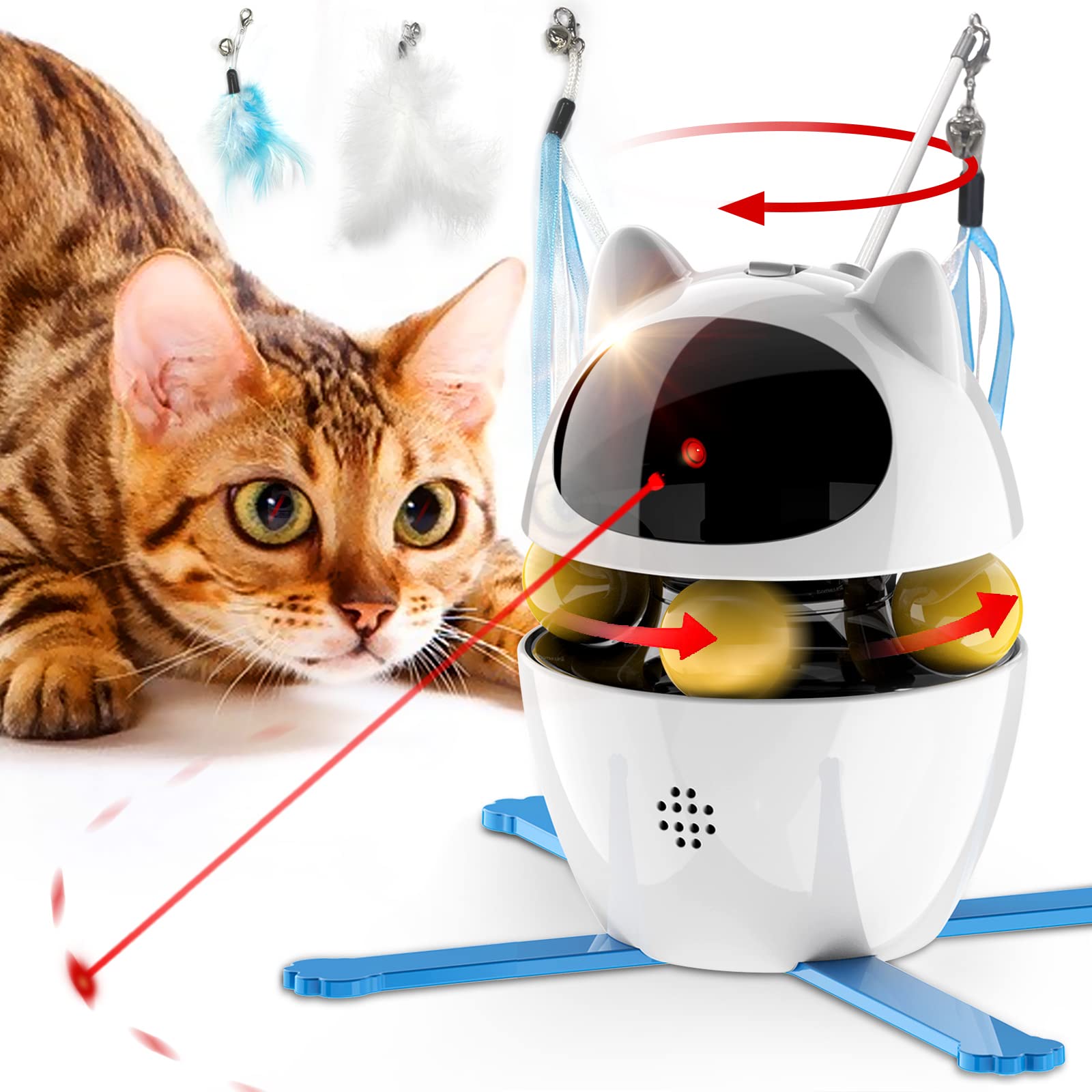 Tomxcute 3-in-1 Interactive Cat Toys - Automatic Rotating Laser Toy with Feather & Streamer for Indoor Cats | Exercise & Play | Perfect for Kittens & Adult Cats | Includes 2 Replacement Accessories | Fun for Solo Play or Bonding Time