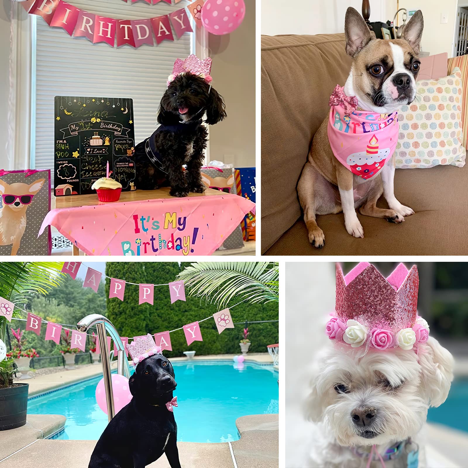 PartyWoo Dog Birthday Party Supplies Set - 15pcs Pink Dog Party Decorations Including Birthday Bandana, Hat, Banner & Balloons for Small & Medium Dogs | Perfect for Pet Birthday Celebrations, Puppy Parties & Dog-Themed Events