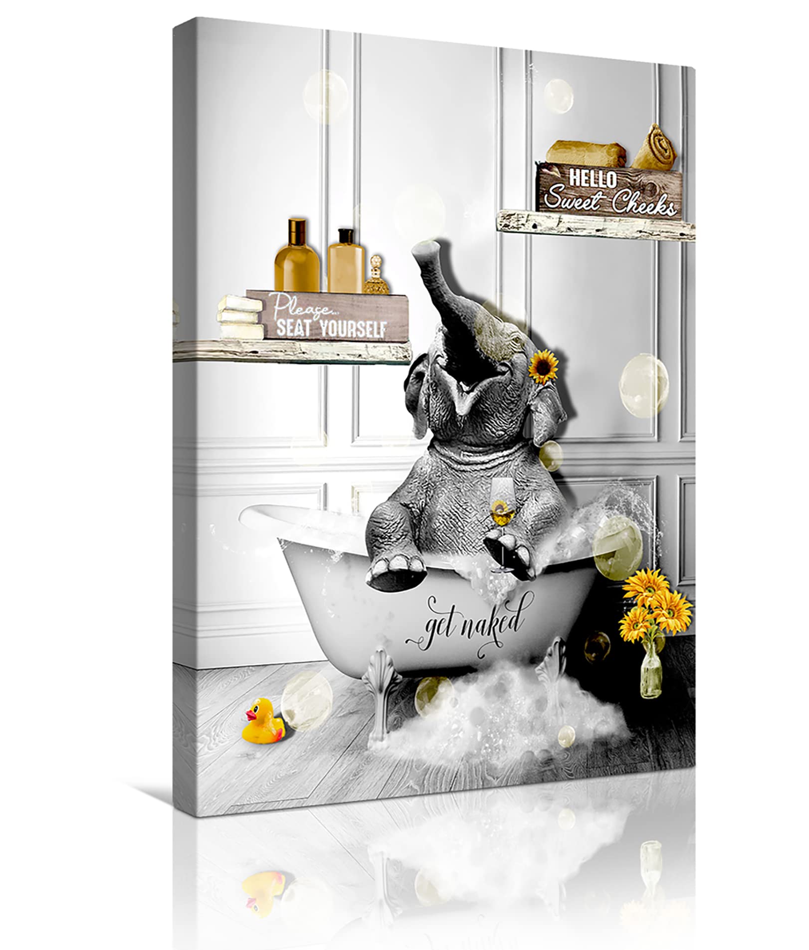 Funny Sunflower Elephant Bathroom Wall Art - Black & White Elephant in Bathtub Canvas Print, Modern Animal Painting Decor 12x16 Inch - Perfect for Bathroom, Nursery, or Kids Room Decor