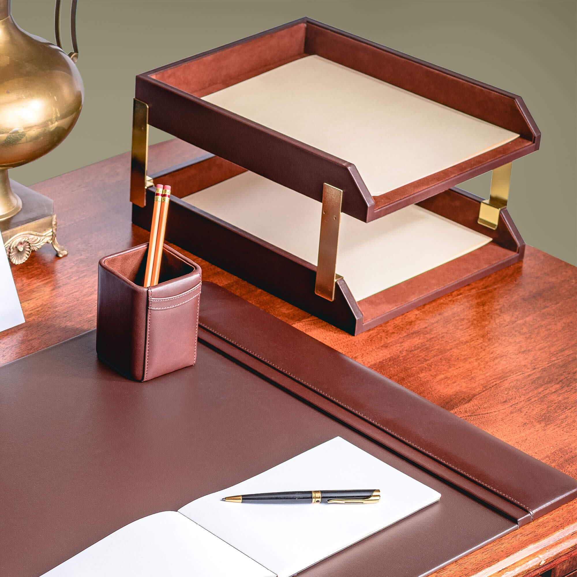 Dacasso Leather Double Letter Trays - Premium Chocolate Brown Office Organizer (A3420) | Perfect for Desk Organization, File Sorting & Home Office Storage