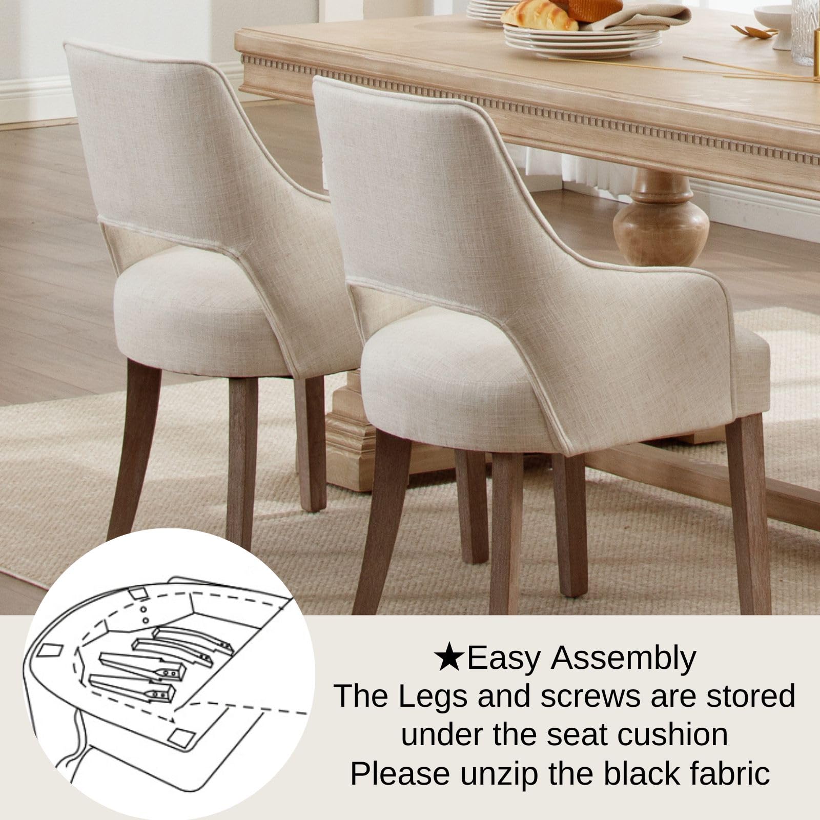 Farmhouse Dining Chairs Set of 2 - Linen Upholstered Kitchen Chairs with Wooden Legs & Armrests - Cream Accent Side Chairs for Living Room, Dining Room, Bedroom or Restaurant - Perfect for Farmhouse Decor, Kitchen Breakfast Nook & Cozy Dining Spaces