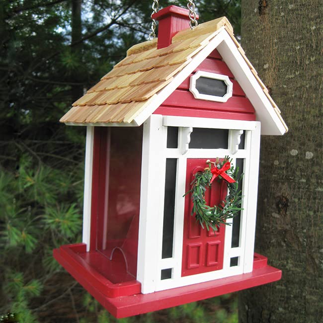 Home Bazaar Holiday Bird House and Feeder Kit - Red Wooden Birdhouse with Perch & Feeding Tray for Outdoor Garden Decor, Backyard Wildlife Habitat, Christmas Gift Idea