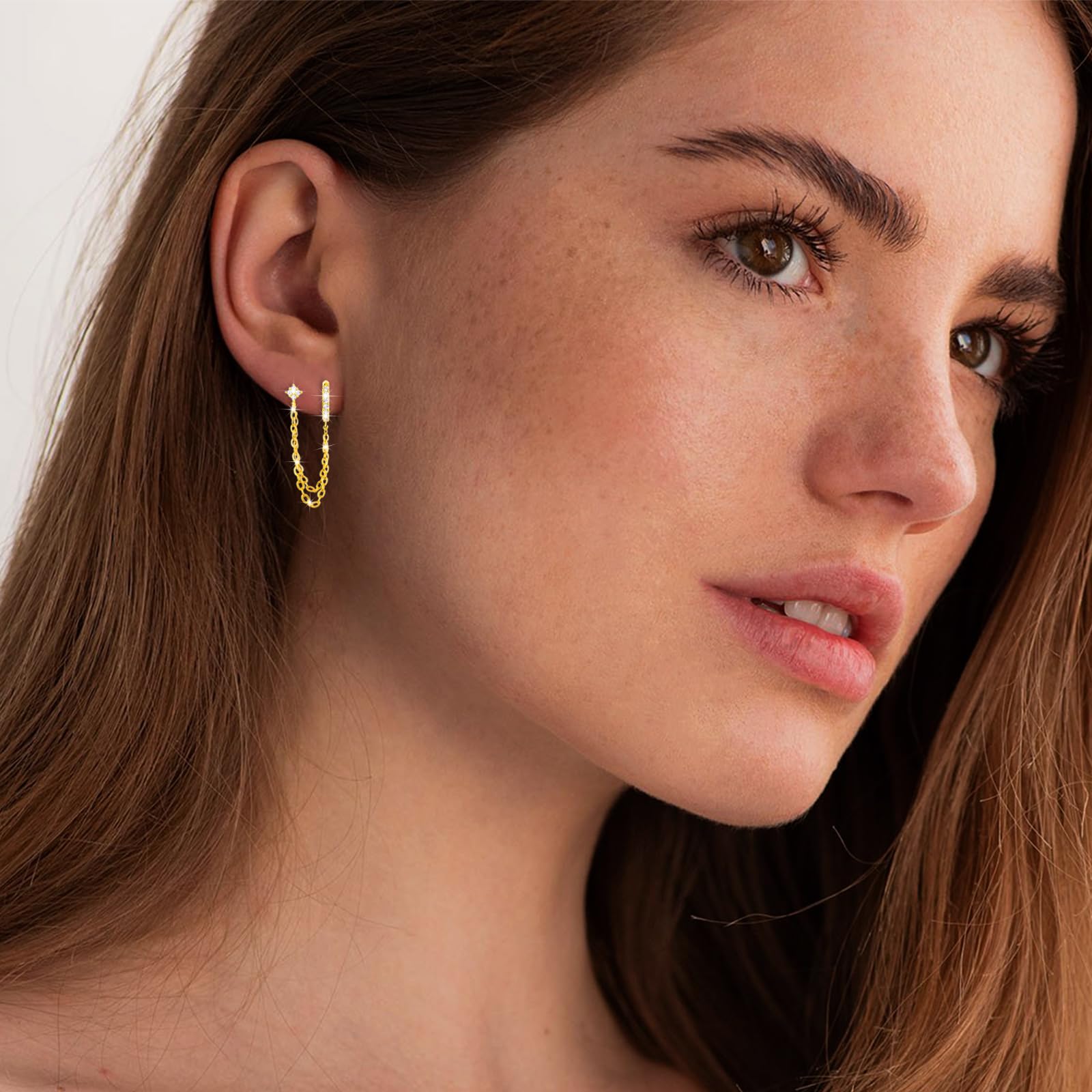 925 Sterling Silver Gold Plated Flower Stud Chain Earrings with Zirconia | Double Piercing Dangle Huggie Hoop Earrings for Women | Elegant Jewelry Gift for Birthday, Anniversary & Party Occasions