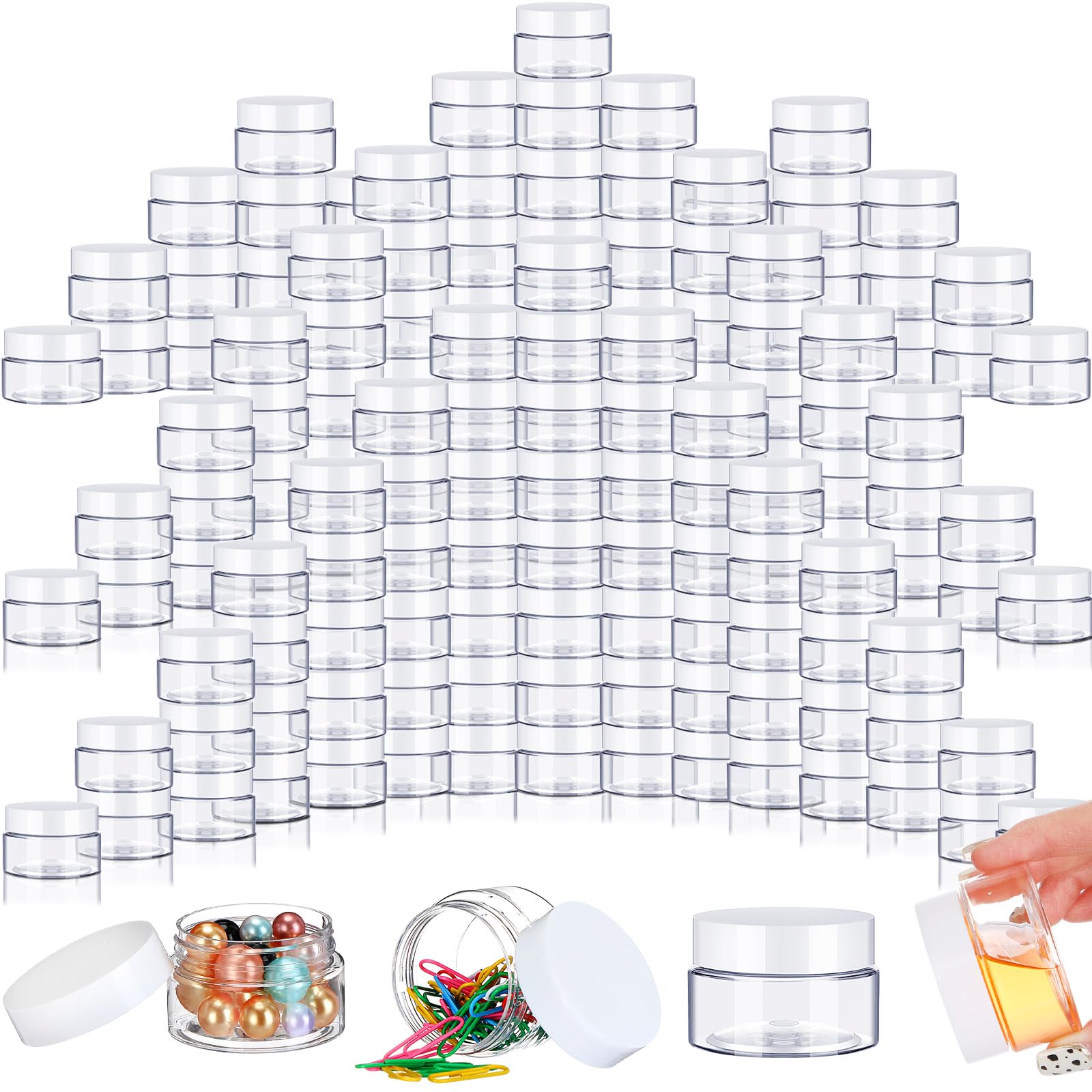 SATINIOR 100-Pack 2 oz Clear Plastic Jars with White Lids - Small Wide Mouth Containers for Lotion, Cream, Body Butter, Rhinestones & Travel Storage - Perfect for DIY Crafts, Beauty Products & Organizing Small Items