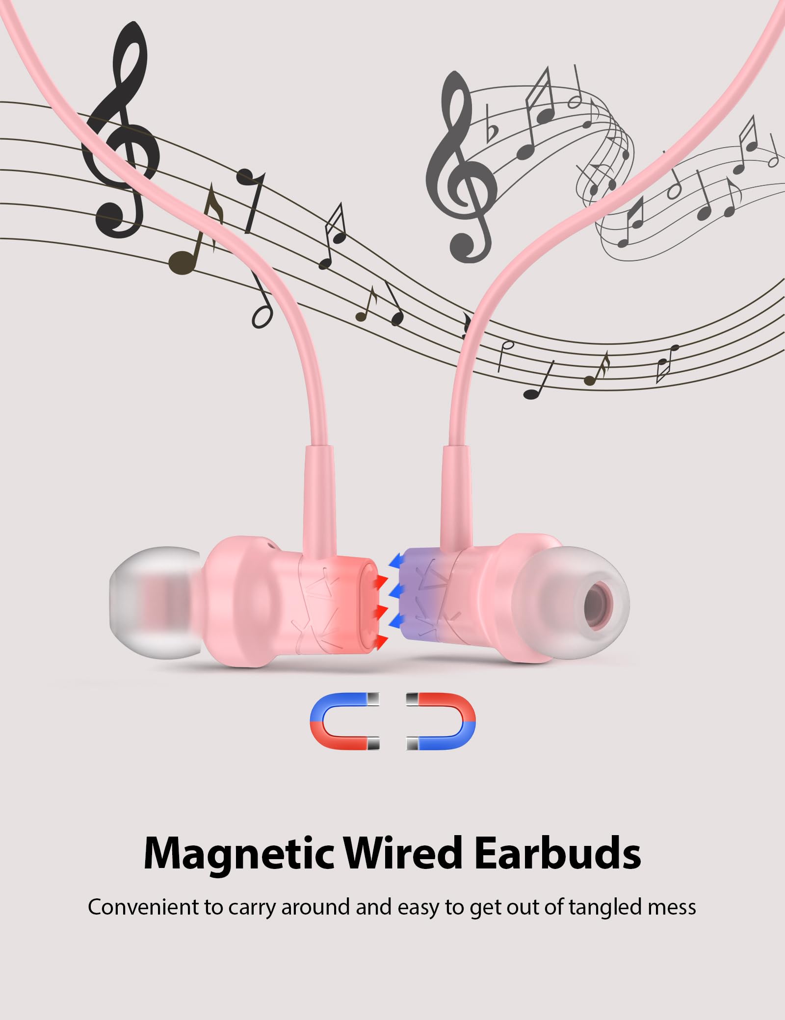 Lightweight USB C Wired Earbuds with Mic - Pink Noise Isolating Magnetic Earphones for iPhone 16 Pro Max/15 Plus, iPad Pro/Air, Samsung & Google Phones | Perfect for Girls, Women & Kids | Great for Commuting, Workouts & Online Classes