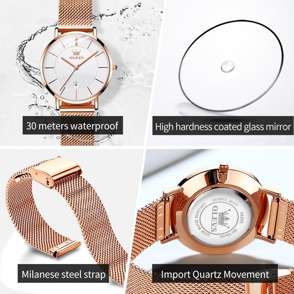 OLEVS Women's Elegant Diamond Dress Watch - Analog Quartz Leather Waterproof Wristwatch with Large Sandblasted Face | Perfect for Office, Party & Formal Occasions
