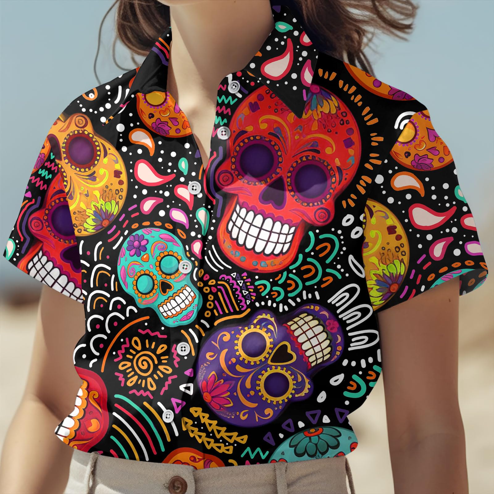 **34HD Halloween Gifts for Men - Skull Button Down Shirt, Cool Skull Print Shirt, Unique Birthday Gifts for Him - Perfect for Halloween Parties, Costume Events & Casual Wear**