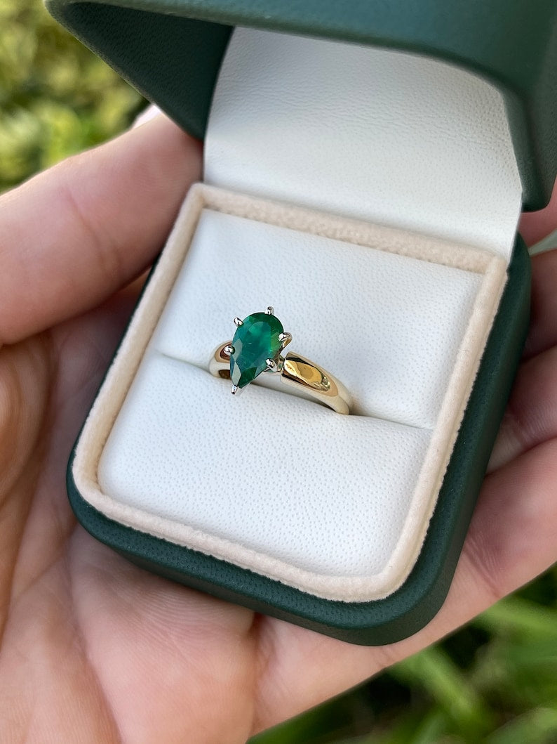 1.06 Carat Natural Brazilian Emerald Pear Cut Solitaire Ring - 14K Gold Six Prong Setting for Engagement, Wedding & Anniversary Gifts