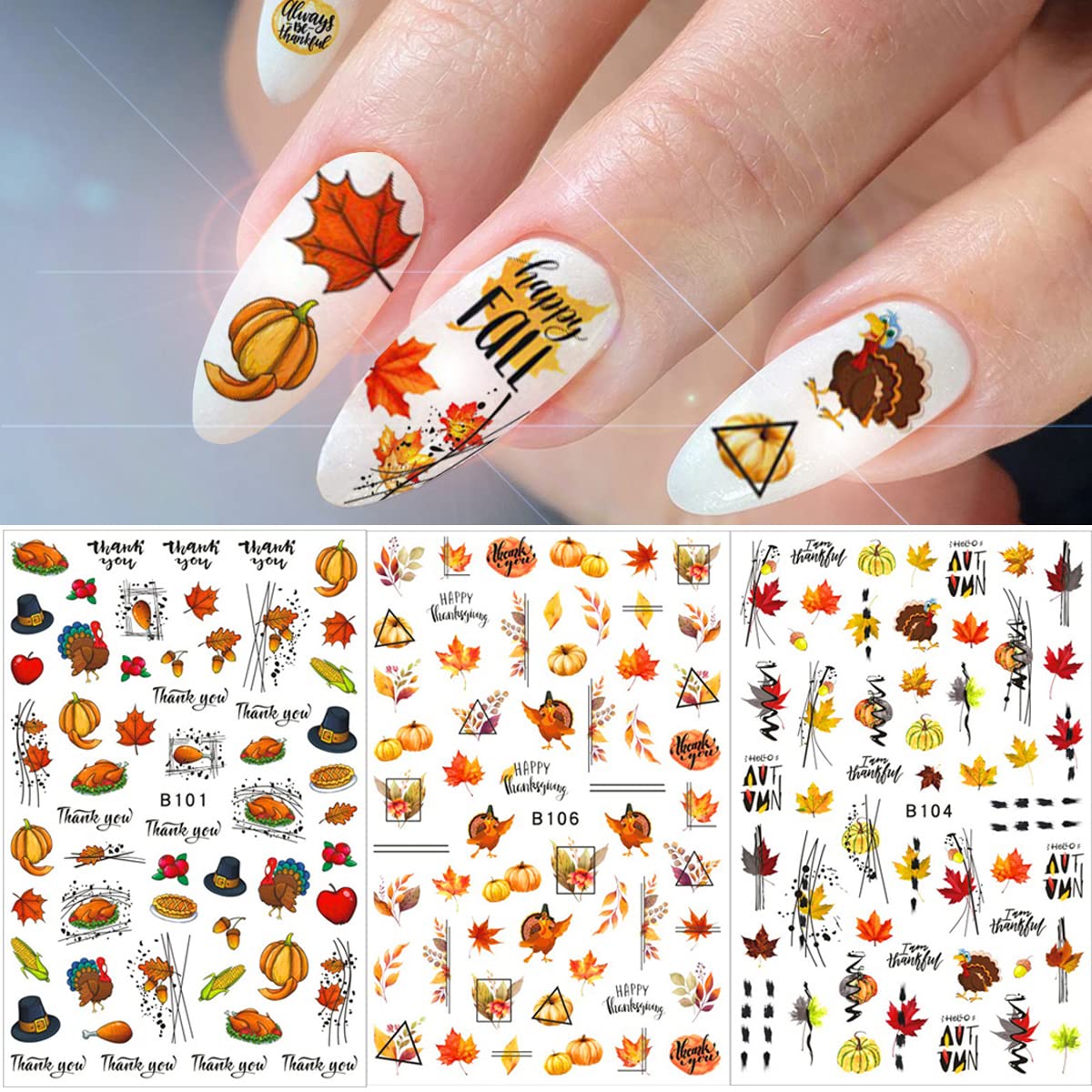 12 Sheets 3D Fall Nail Art Stickers - Autumn Leaves, Maple Leaf & Pumpkin Thanksgiving Nail Decals for Women | DIY Manicure Decorations for Halloween, Thanksgiving Parties & Seasonal Nail Designs
