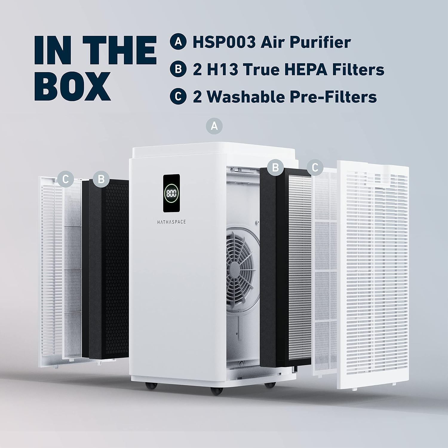HATHASPACE HSP003 True HEPA Air Purifier for Home - 99.9% Dust, Smoke, Pet Dander, Odor & VOC Removal - Covers 2800 Sq. Ft - Quiet Air Cleaner with Smart Sensor - Ideal for Bedroom, Living Room & Large Spaces - Allergy & Asthma Relief