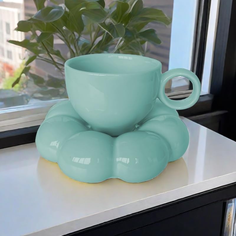 ARISKEY 6.5oz Cute Coffee Mug Set for Women - Teal Blue Tea Cup with Saucer & Spoon (200ml) | Microwave & Dishwasher Safe | Perfect for Latte, Milk, Tea & Office/Home Use