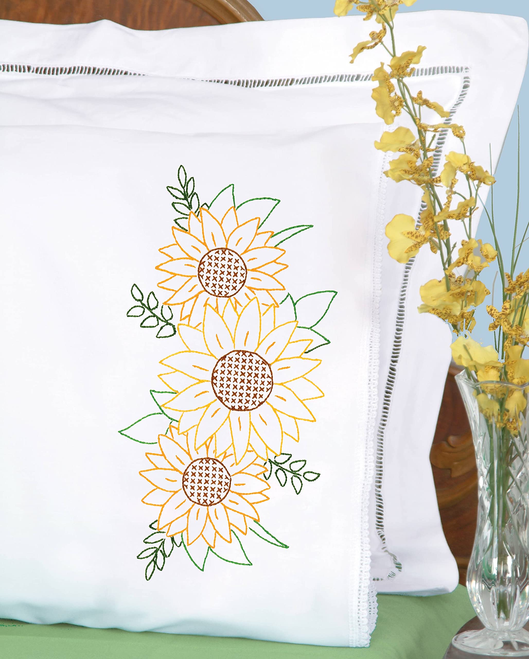 Jack Dempsey Lace Edge Pillowcase - Sunflower White for Bedroom Decor