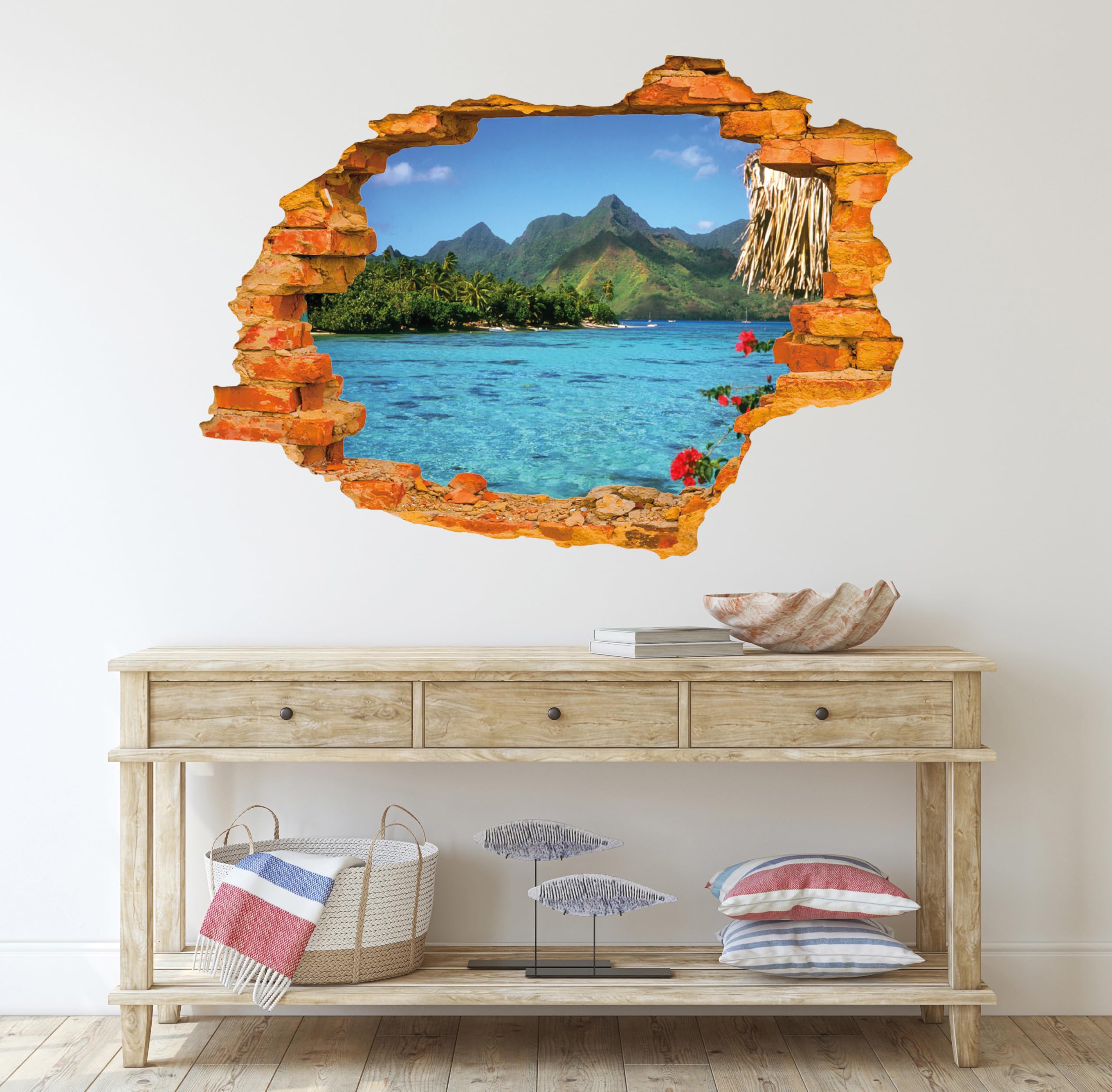 Beach Wall Decal Peel and Stick - Ocean Seascape with Mountain View Landscape Wall Sticker - Nature Themed Removable Wall Mural for Home & Bedroom Decor (30