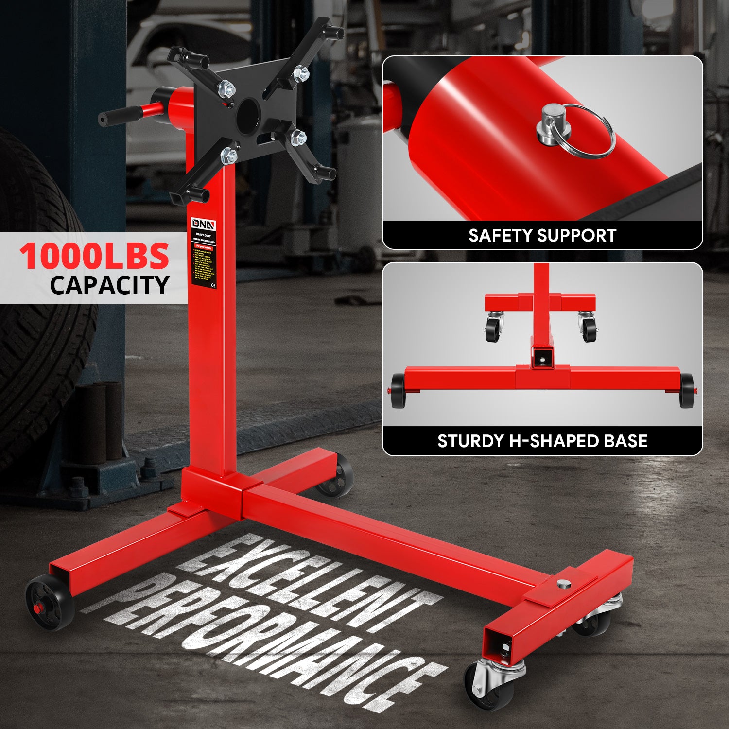 1000lb Foldable Engine Hoist Stand with 360 Degree Swivel Head - Heavy Duty Portable Car Lift for Automotive Repair, Engine Removal & Garage Use