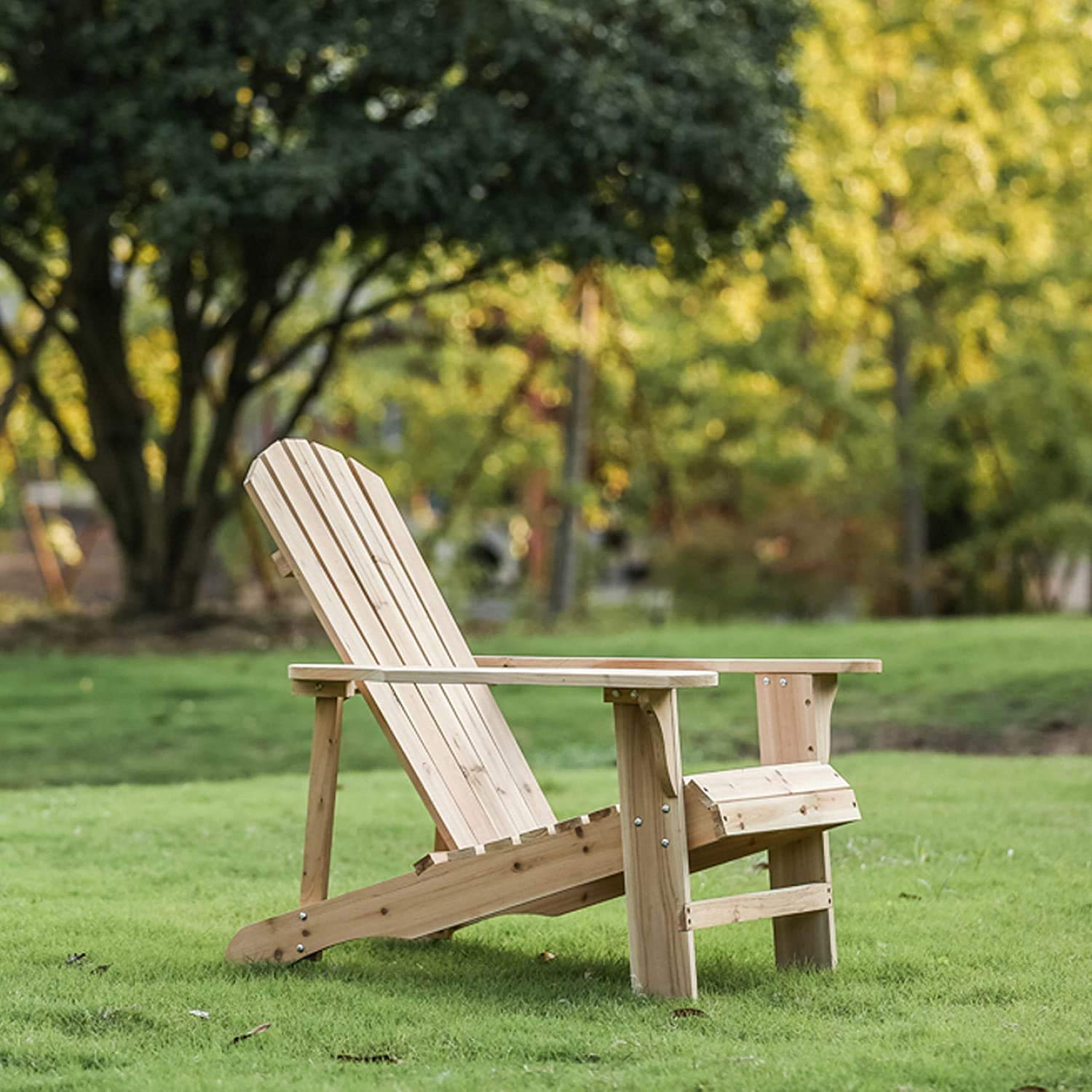 LOKATSE HOME Natural Wood Single Adirondack Chair - Outdoor Patio Furniture for Garden, Deck, Poolside & Backyard Relaxation