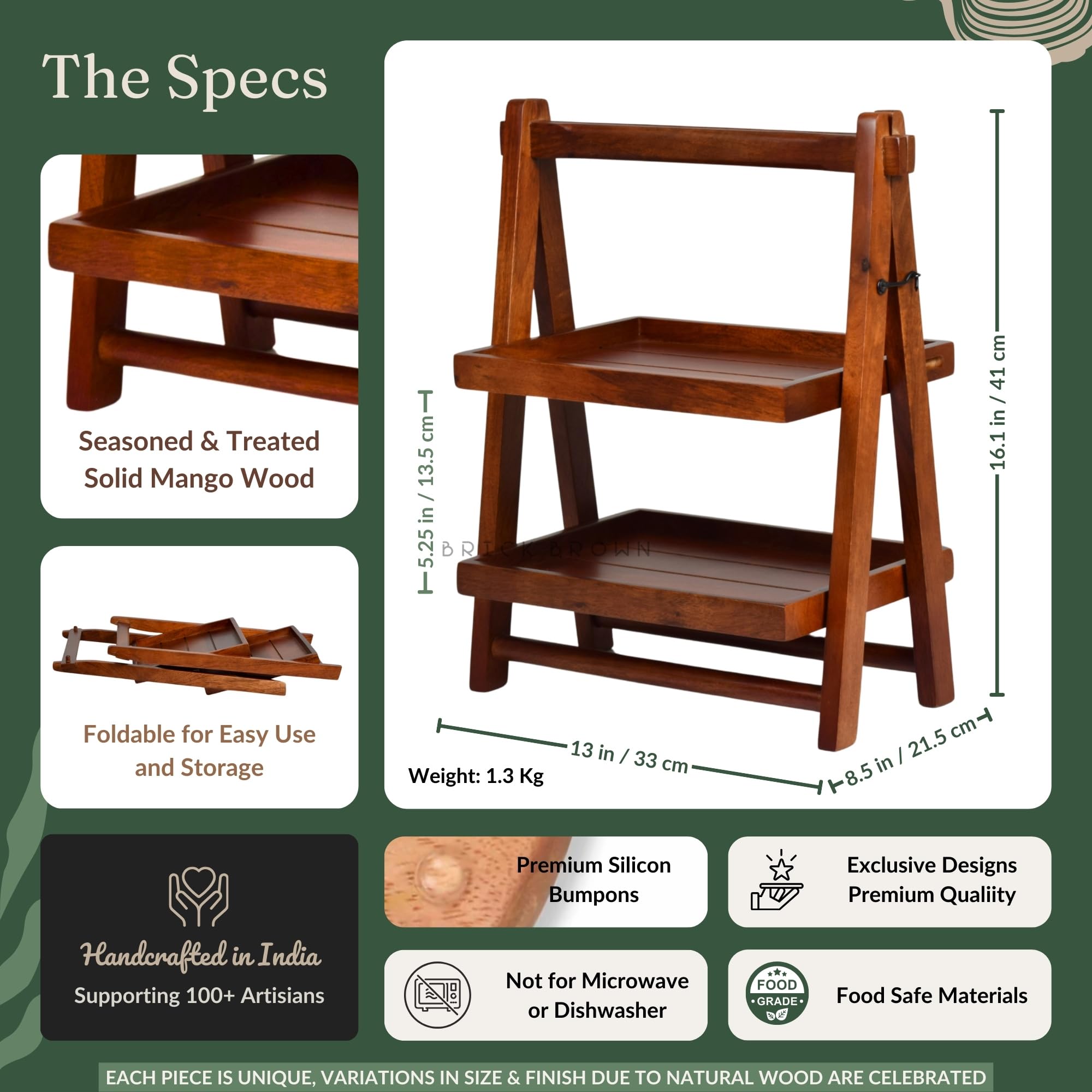 Brick Brown ® Handcrafted Premium Foldable Wooden Organizer with Double Tray | Wooden Grocery Rack - Small Mahogany Rectangular (16x12x8.3 inches) | Perfect for Kitchen Countertops, Pantry Storage & Office Desk Organization