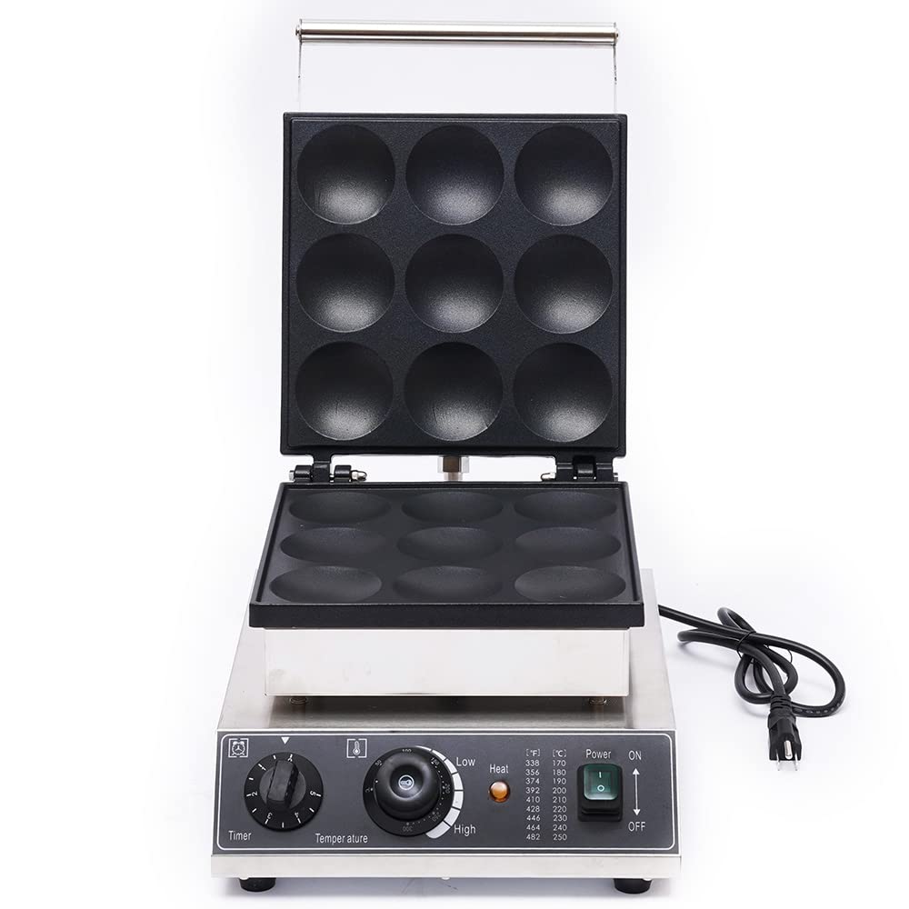 9PCS Electric Muffin Maker & Commercial Waffle Machine 1750W 110V - Mini Dutch Pancake Maker, Small Round Waffle Iron for Bakery, Restaurant, Cafe - Silver & Black - Perfect for Breakfast, Dessert, and Catering Services