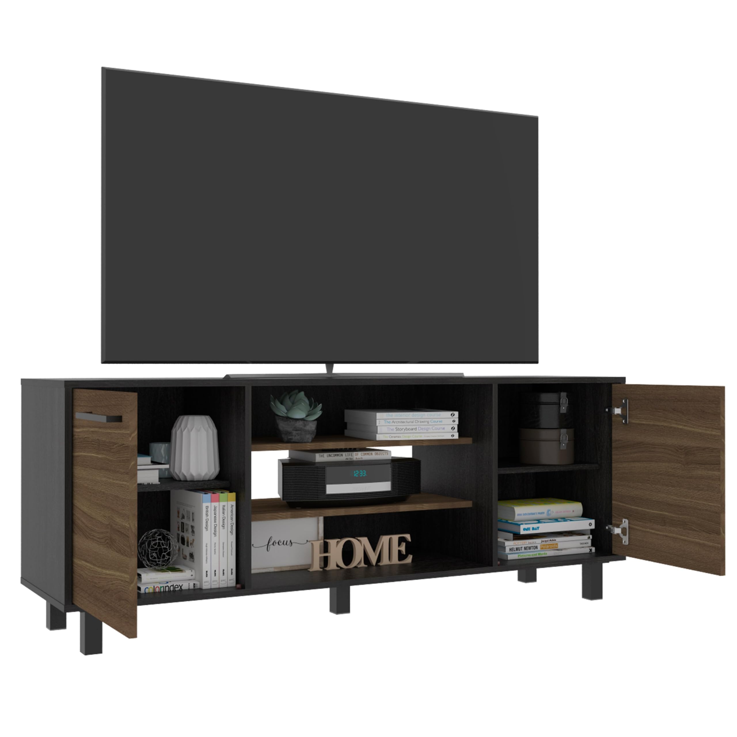 Tuhome Kaia TV Stand for TVs up to 55 Inches with 4 Shelves and 3 Drawers - Black/Pine Wood - Perfect for Living Room, Bedroom, or Home Theater Setup