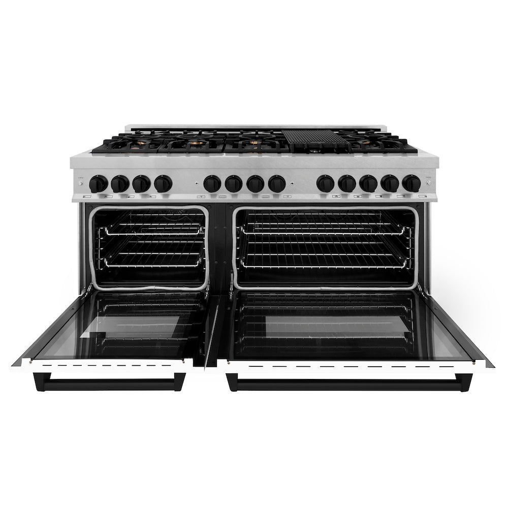 ZLINE Autograph Edition 60-inch 7.4 cu. ft. Dual Fuel Range with 9-Burner Gas Cooktop & 2 Electric Convection Ovens - Satin Stainless Steel with White Matte Doors & Matte Black Accents (RASZ WM 60 MB) | Professional Kitchen Appliance for Home Chefs & Cooking Enthusiasts