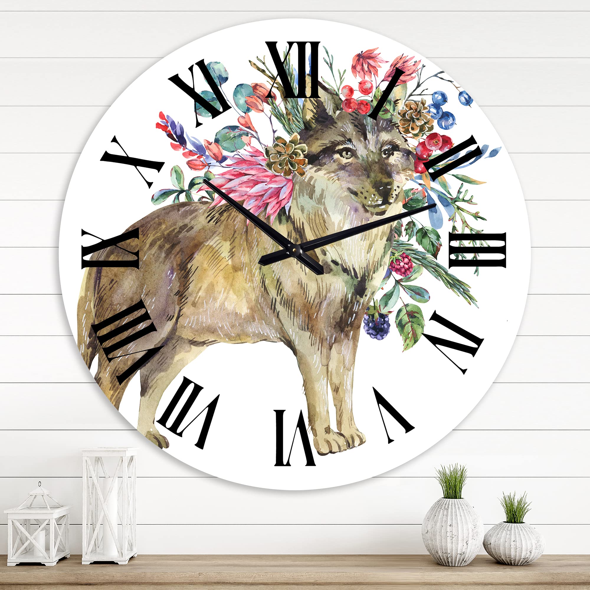 Farmhouse Wall Clock with Wolf and Woodland Flowers Design - Large Rustic Animal Wall Clock for Living Room, Bedroom, or Office Decor - Perfect for Cabin, Lodge, and Nature-Themed Home Interiors
