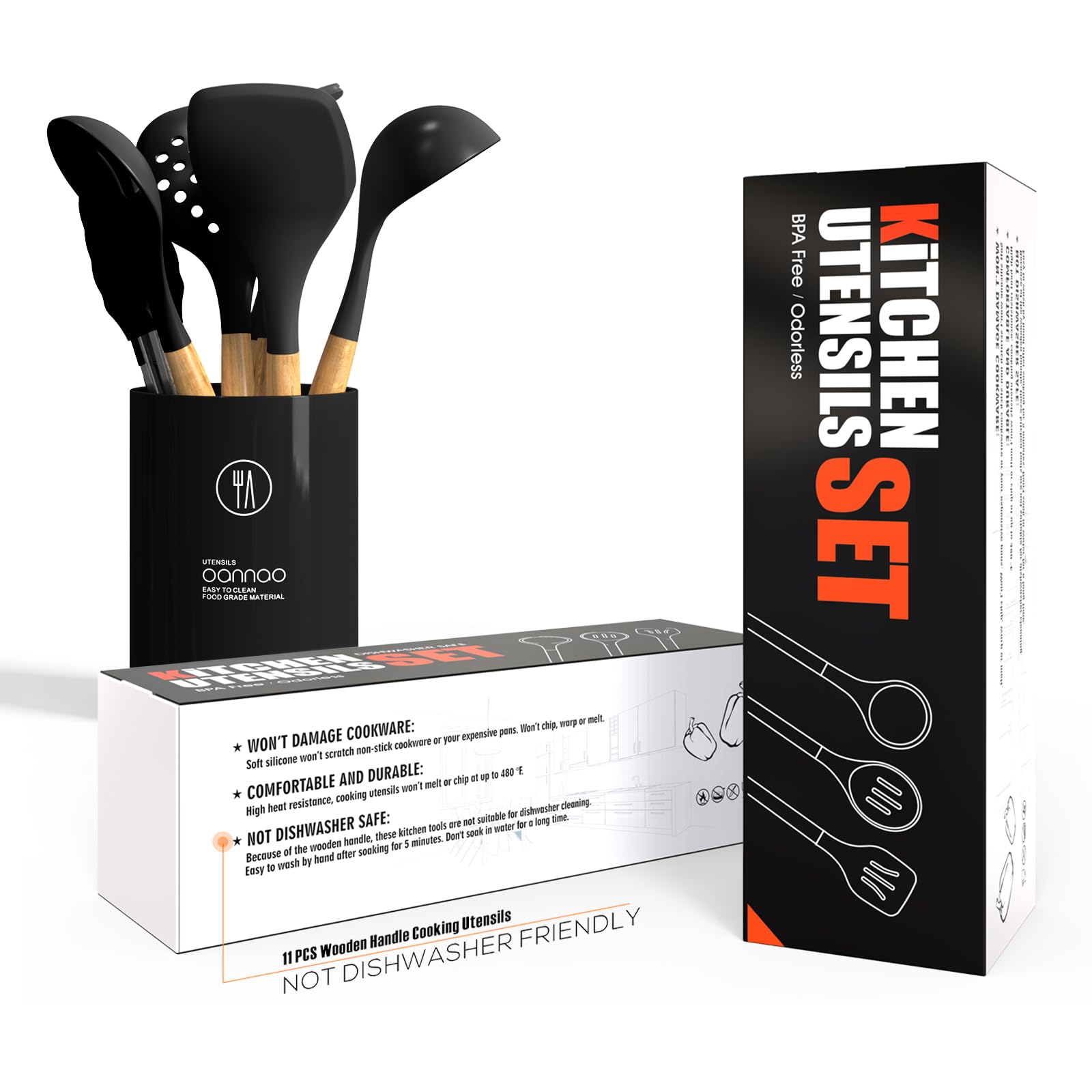 Heat Resistant Silicone Cooking Utensils Set with Wooden Handles - BPA Free Kitchen Tools for Non-Stick Cookware (446°F Safe, Black) - Perfect for Baking, Frying & Everyday Cooking