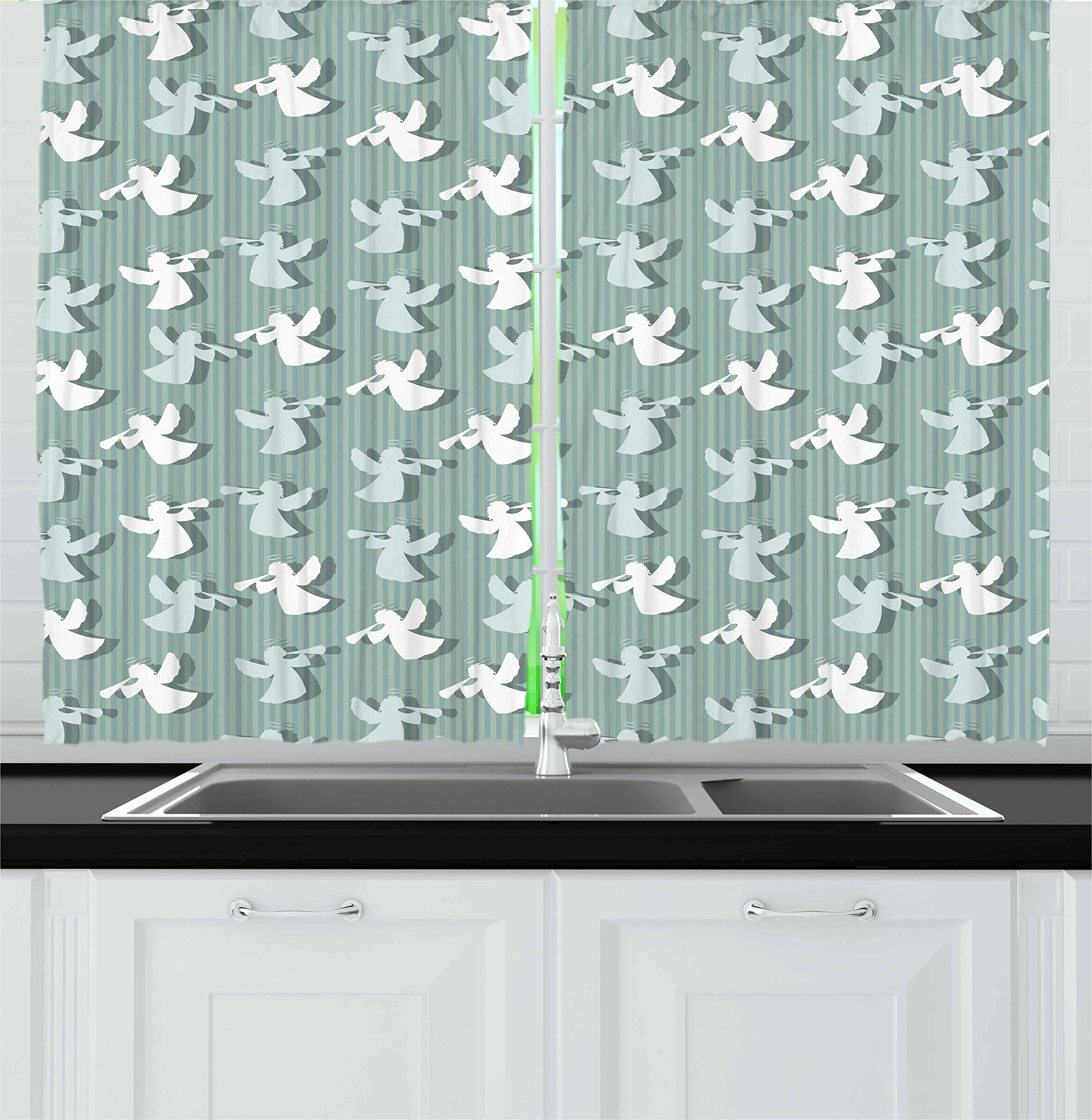 Ambesonne Christmas Angel Kitchen Curtains - Striped Holiday Window Drapes with Angel Silhouettes, 2 Panel Set for Kitchen & Cafe Decor, 55