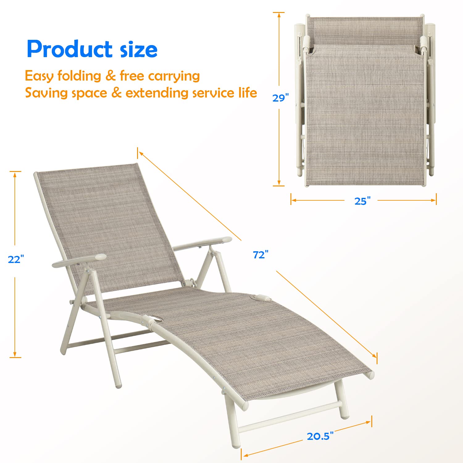 Devoko Adjustable Recliner Lounge Chairs Set of 2 - Outdoor Patio Chaise Lounge, Foldable Poolside Sunbathing Chair for Garden, Beach & Backyard (Beige) | Perfect for Relaxing by the Pool, Reading in the Garden or Sunbathing at the Beach