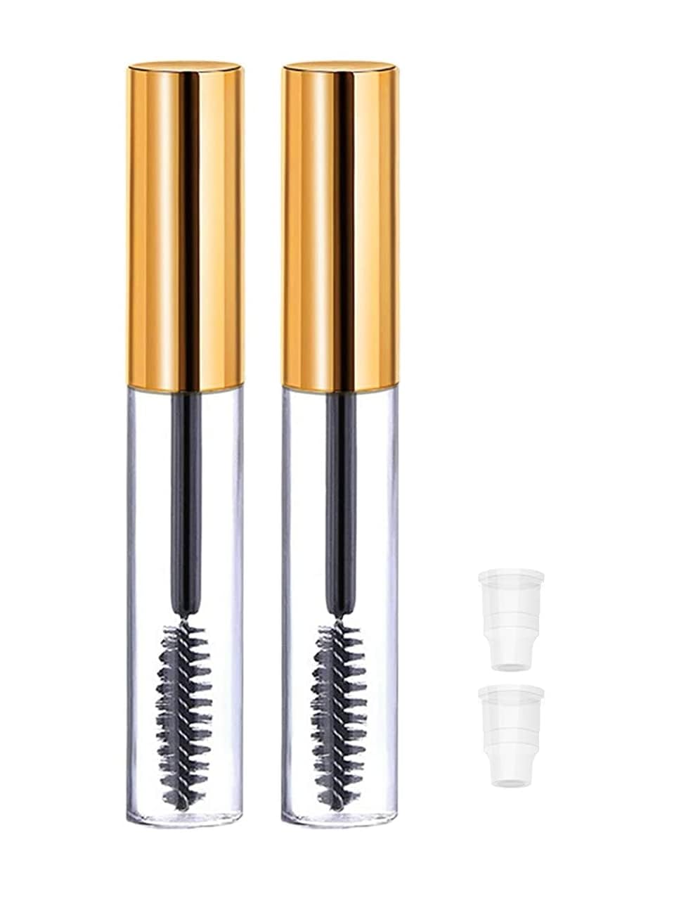 RAJry 2 Pack 10ml Empty Mascara Tubes with Wands - Refillable Eyelash Cream Containers with 2 Rubber Inserts (Gold) - Perfect for DIY Makeup, Travel & Salon Use