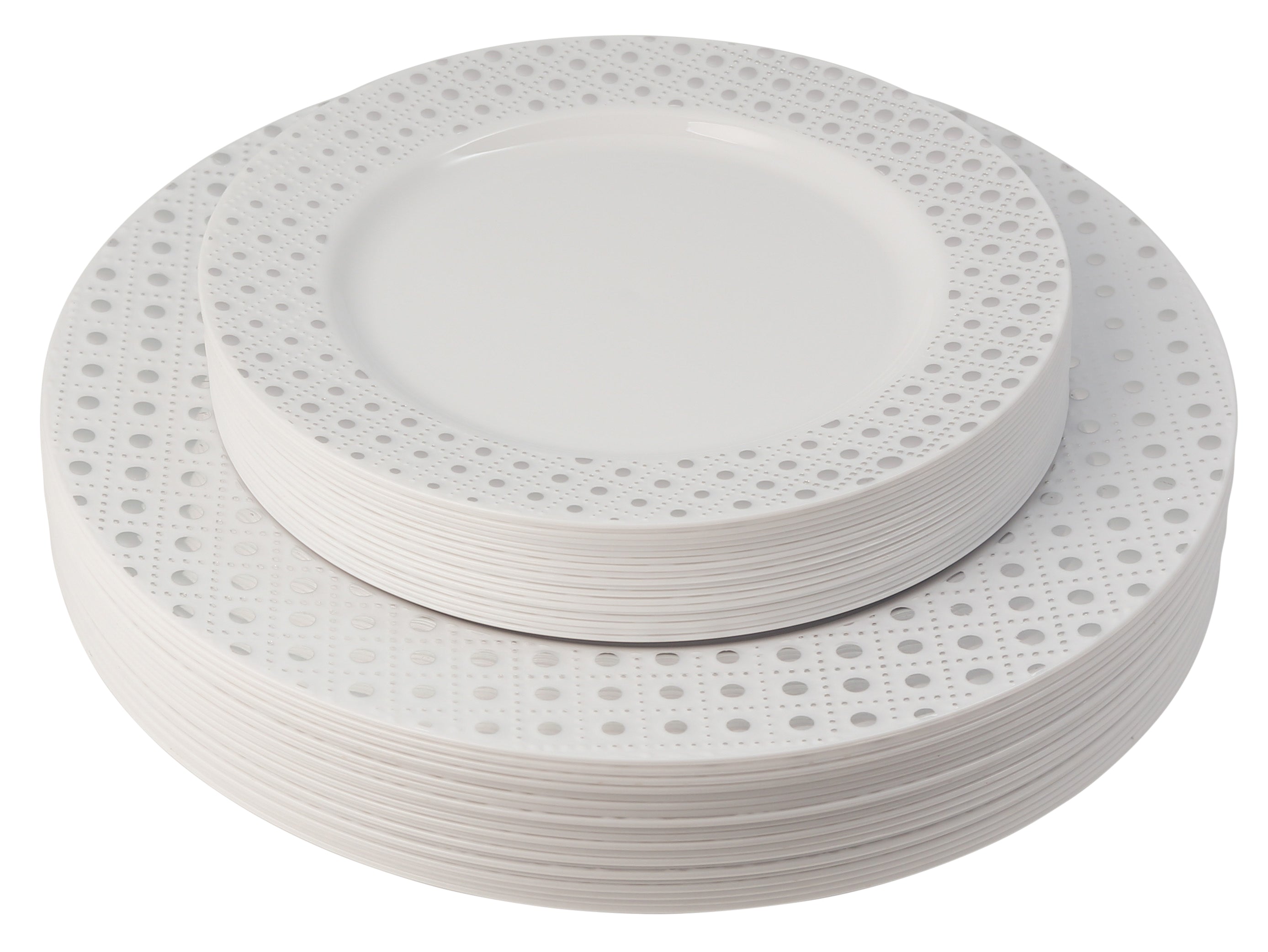 100-Piece White & Silver Round Plastic Dinnerware Set with Silverware - 20 Servings - Elegant Disposable Tableware for Parties, Weddings & Outdoor Events