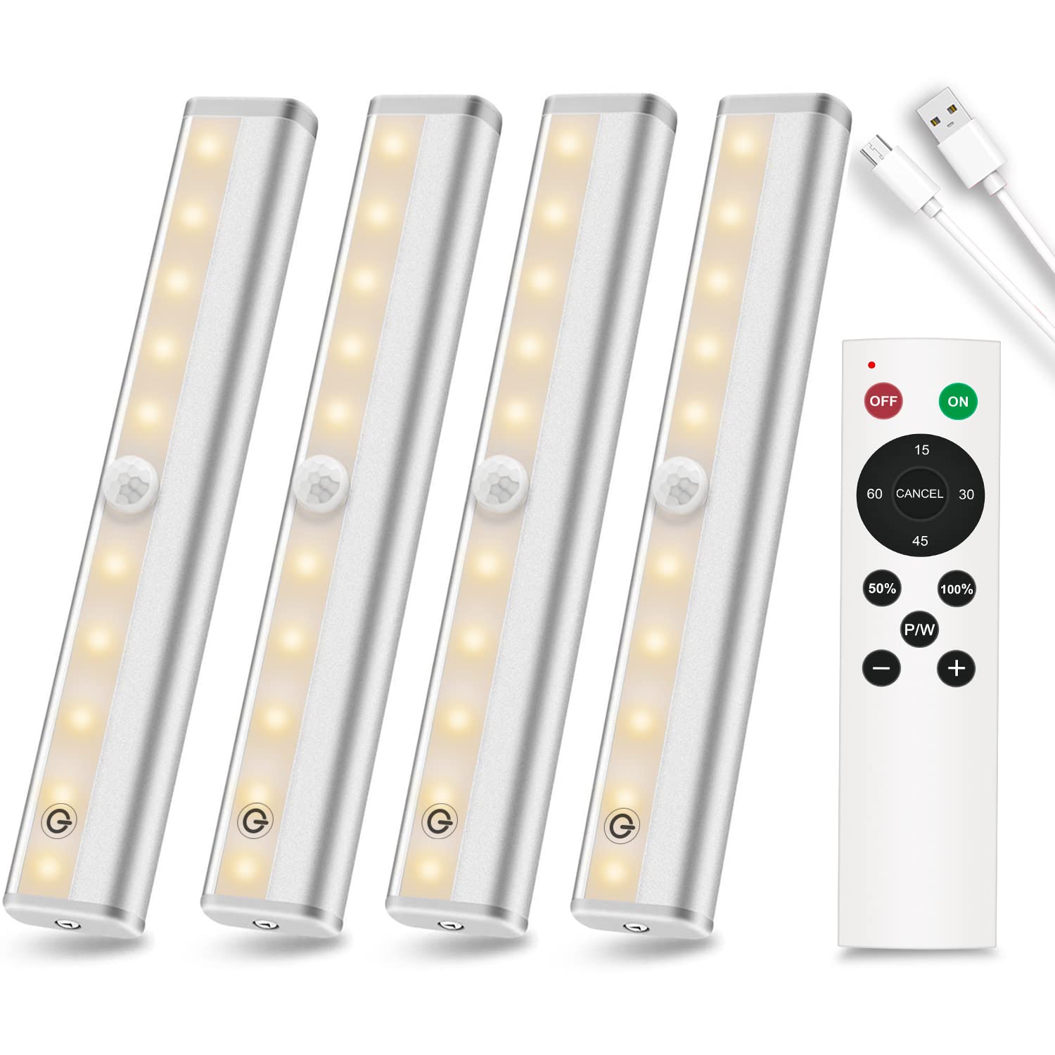 Diomart Wireless Rechargeable Under Cabinet Lighting - 20 LED Dimmable Stick-on Lights with Remote Control, Touch Sensor Night Light for Kitchen Counter, Wardrobe, Closet (4 Pack) - Perfect for Home, Office, and RV Lighting Solutions