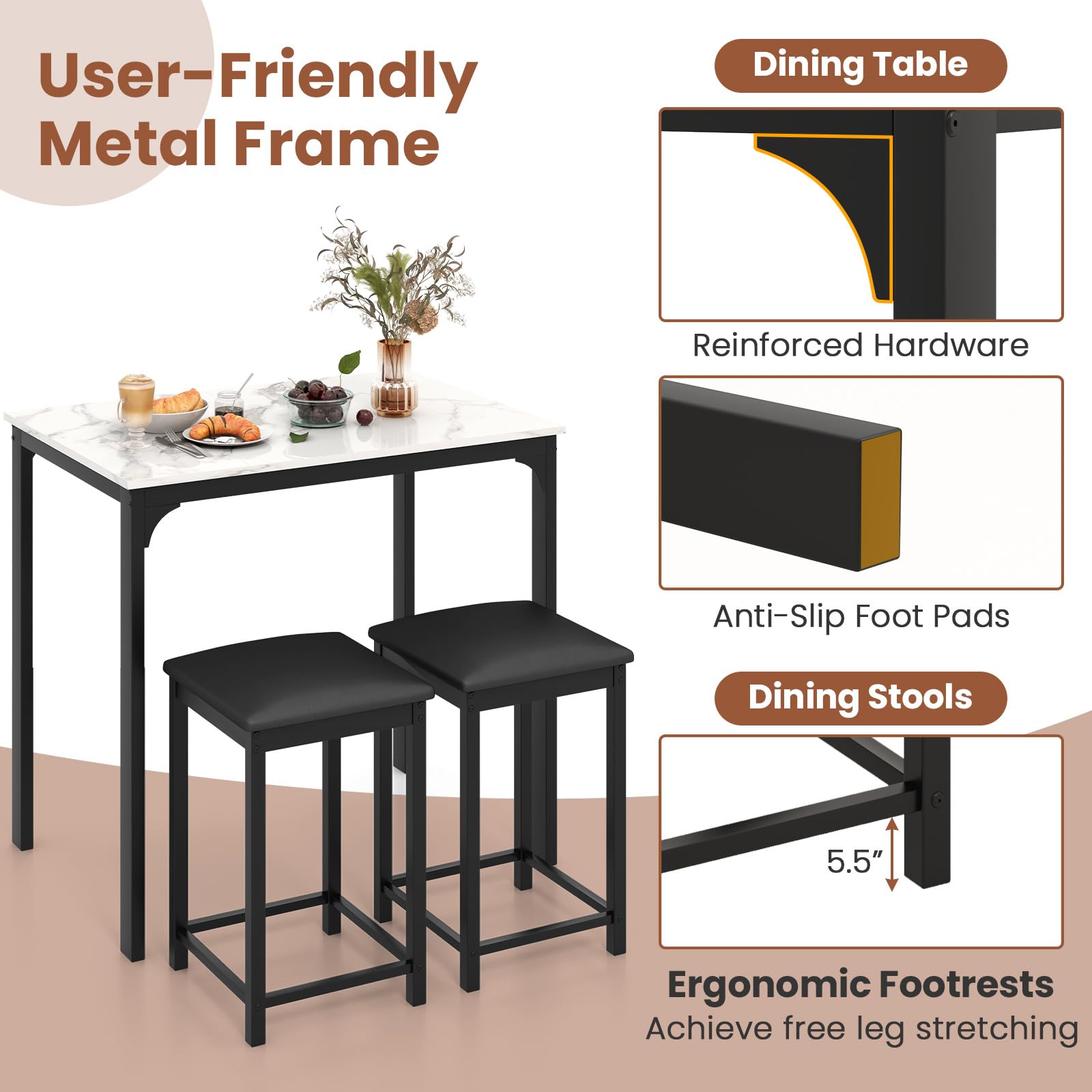 Giantex 3-Piece Modern Dining Set with Faux Marble Tabletop & 2 Chairs - White & Black Contemporary Kitchen Table for Home, Hotel, Restaurant, Bar or Office Dining Area | Perfect for Small Spaces, Breakfast Nooks & Entertaining Guests